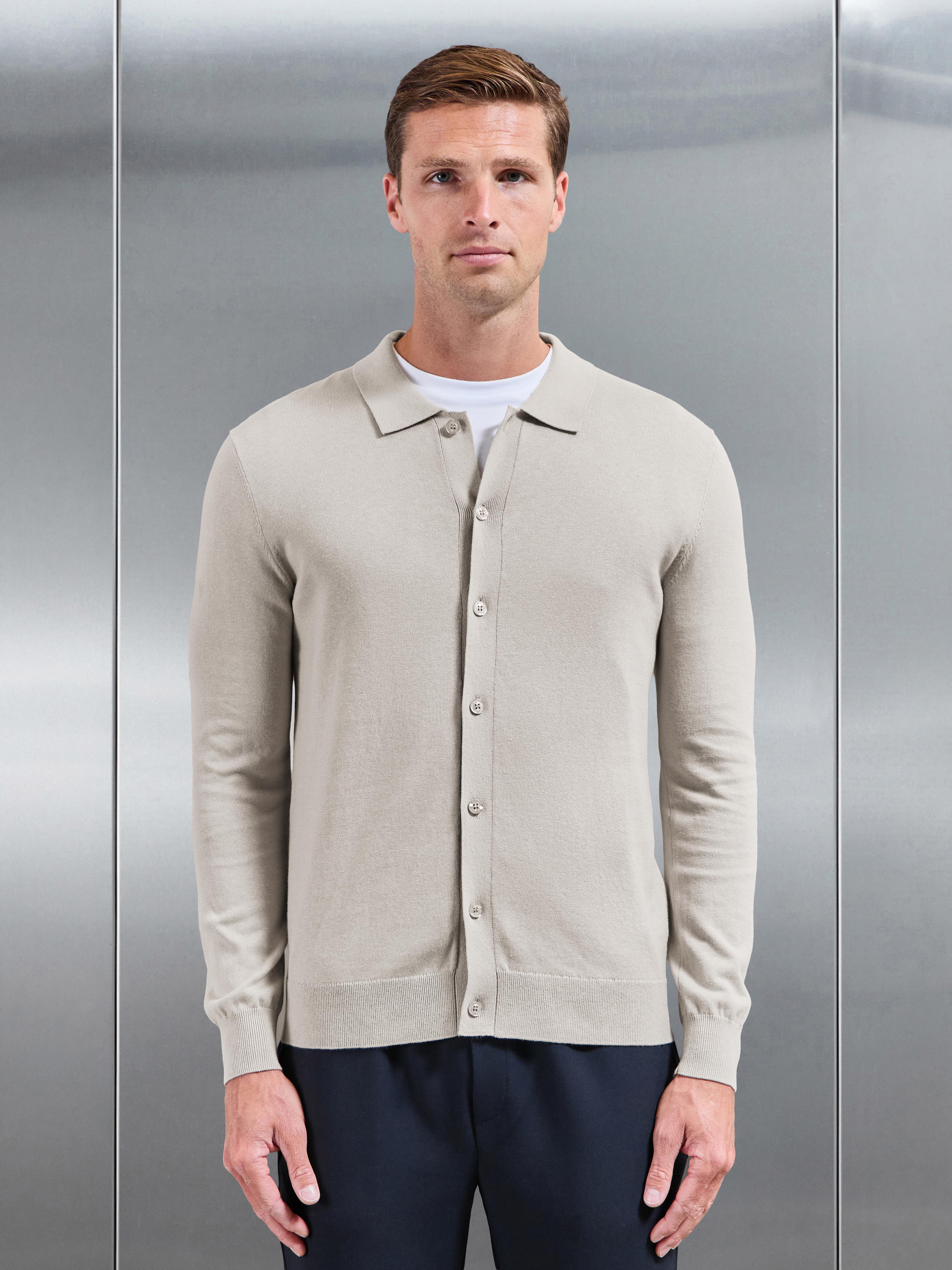 Cotton Knitted Button Through Overshirt in Stone