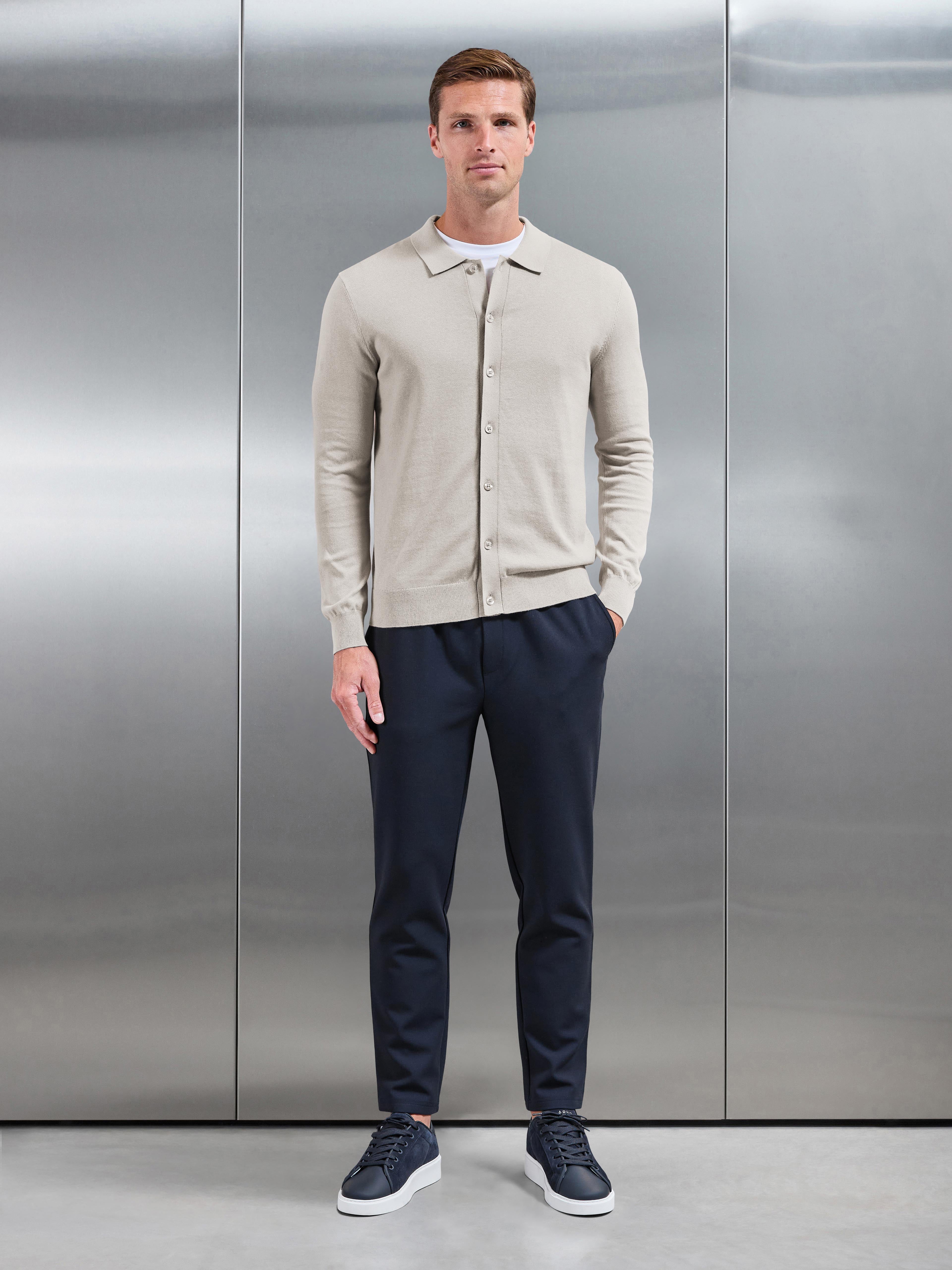 Cotton Knitted Button Through Overshirt in Stone