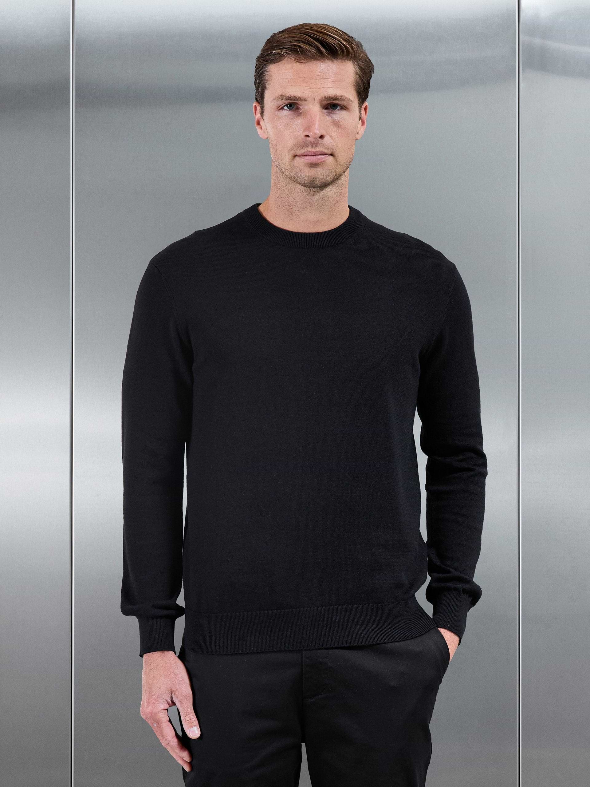 Cotton Knitted Crew Neck Sweatshirt in Black