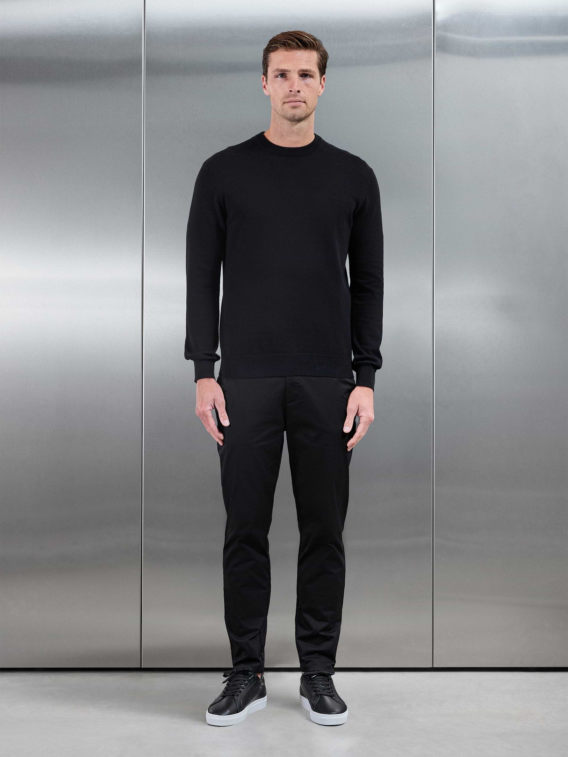 Cotton Knitted Crew Neck Sweatshirt in Black