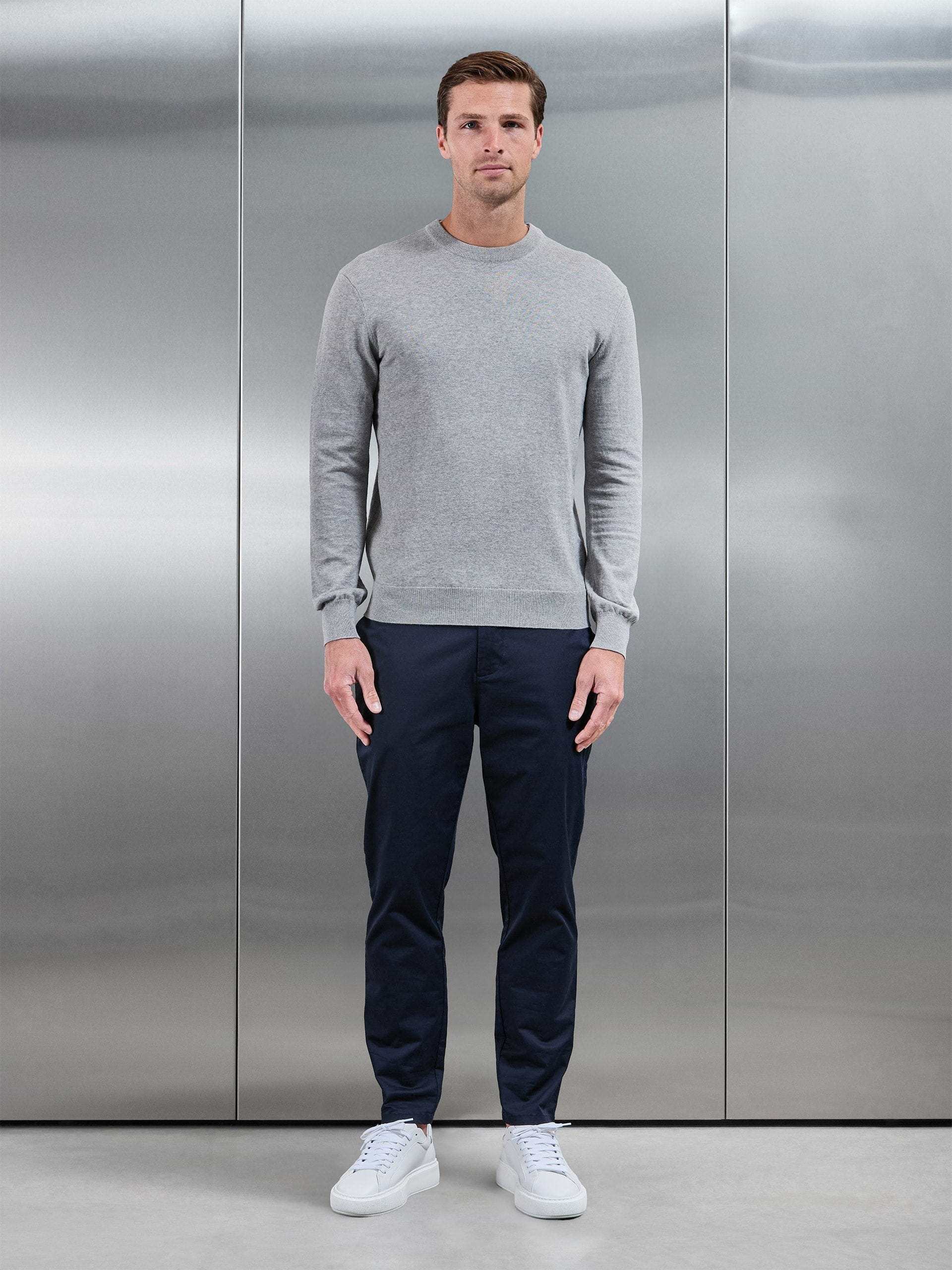 Cotton Knitted Crew Neck Sweatshirt in Marl Grey