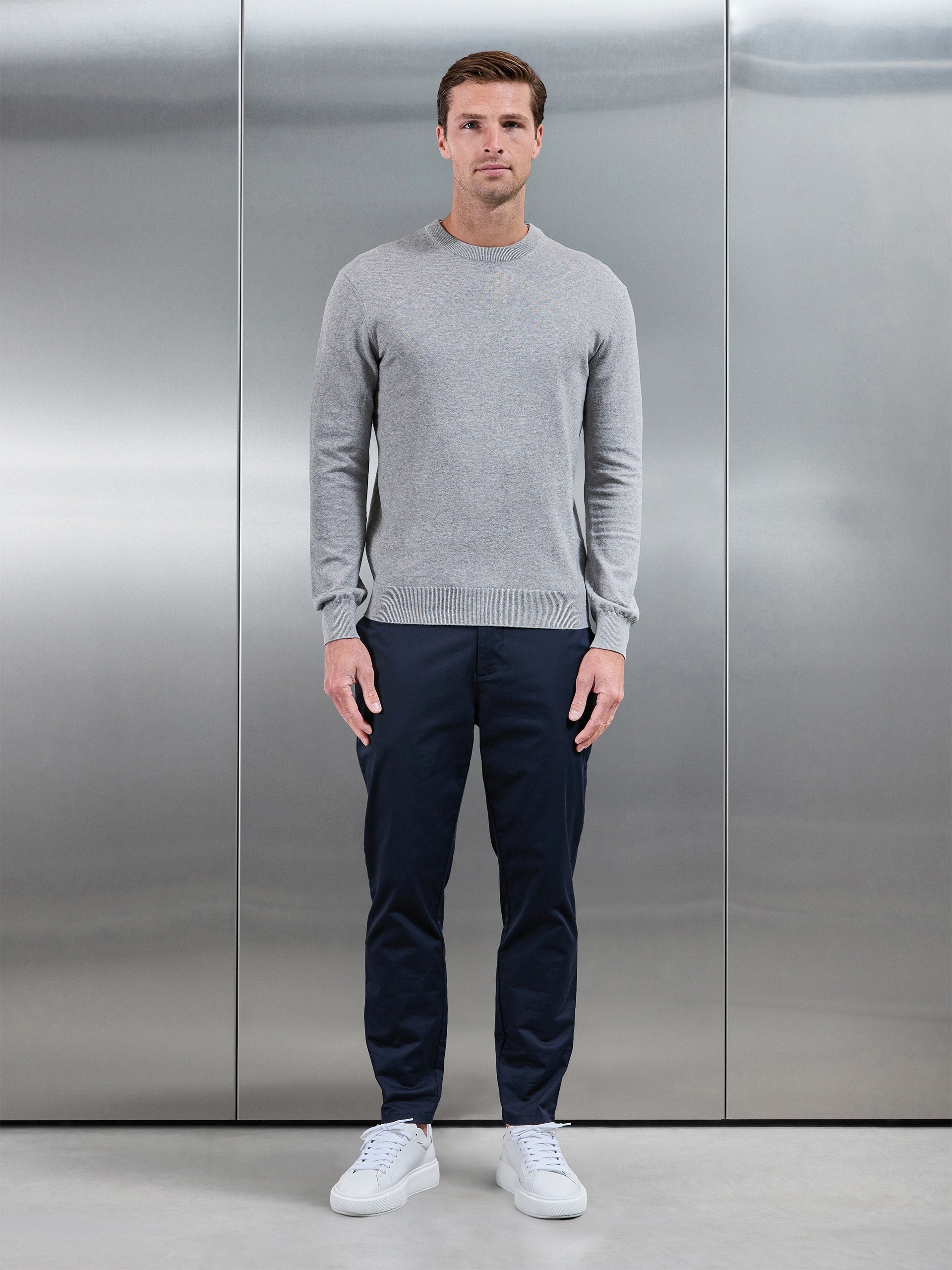 Cotton Knitted Crew Neck Sweatshirt in Marl Grey