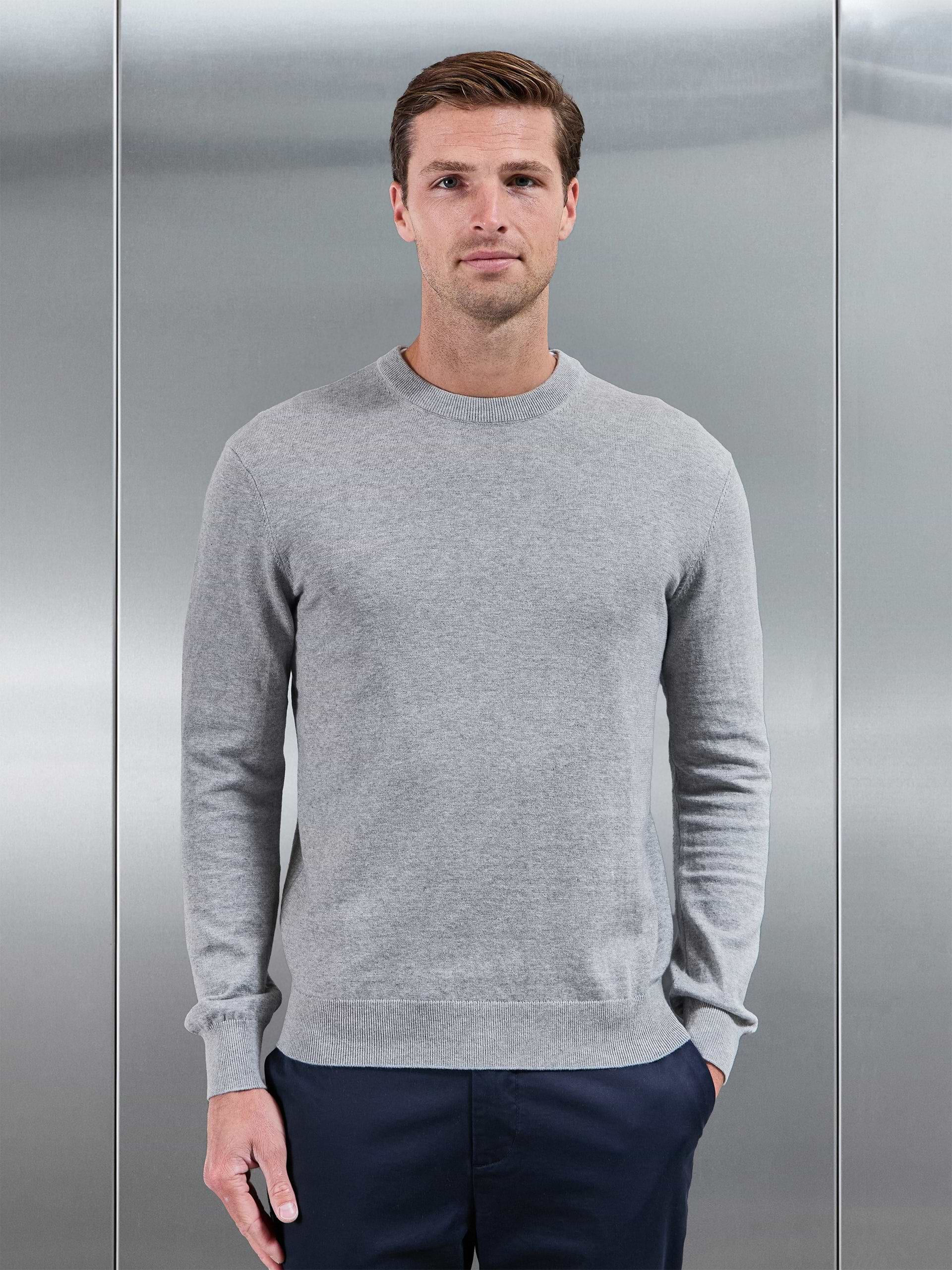 Cotton Knitted Crew Neck Sweatshirt in Marl Grey