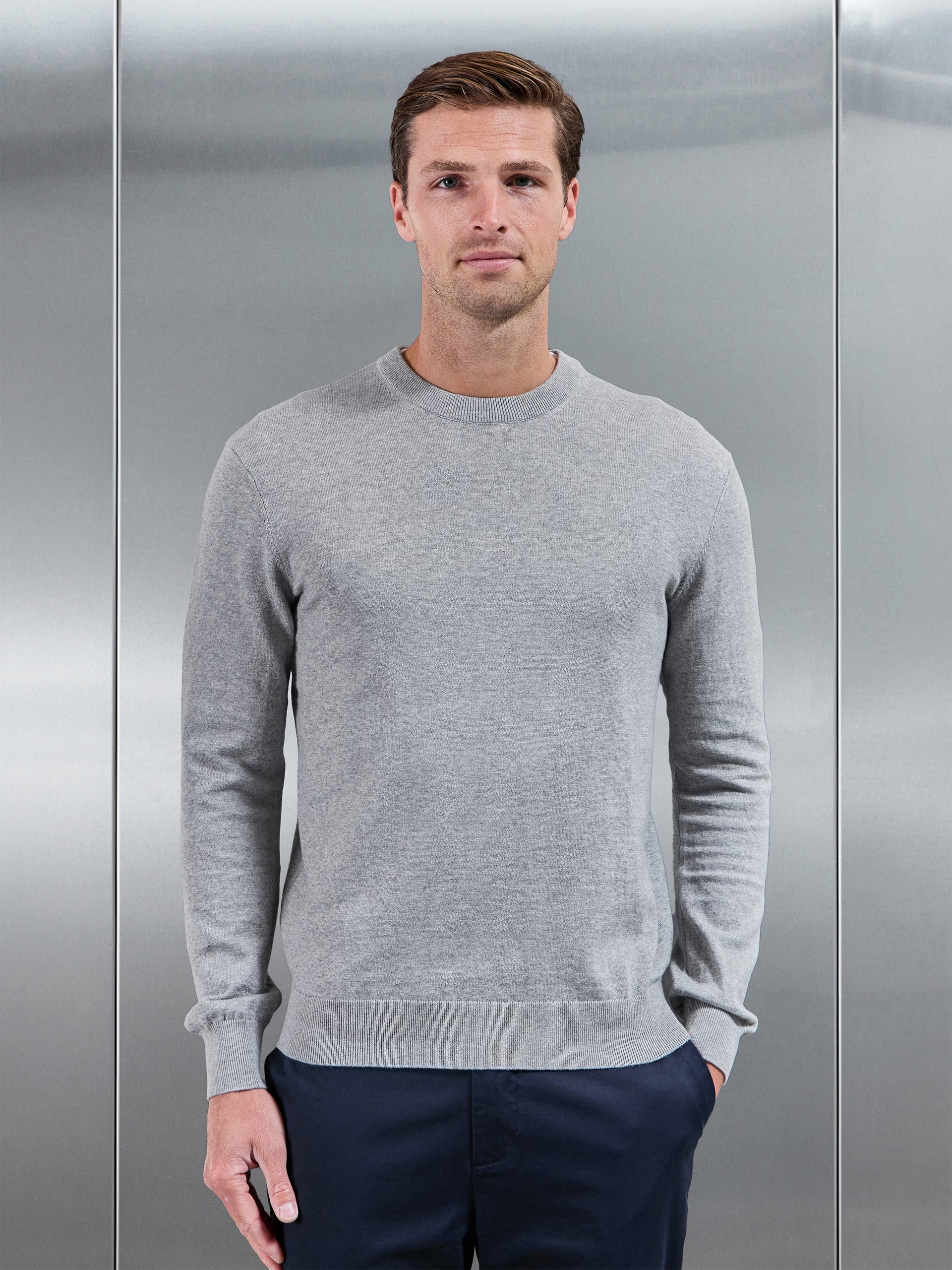 Cotton Knitted Crew Neck Sweatshirt in Marl Grey