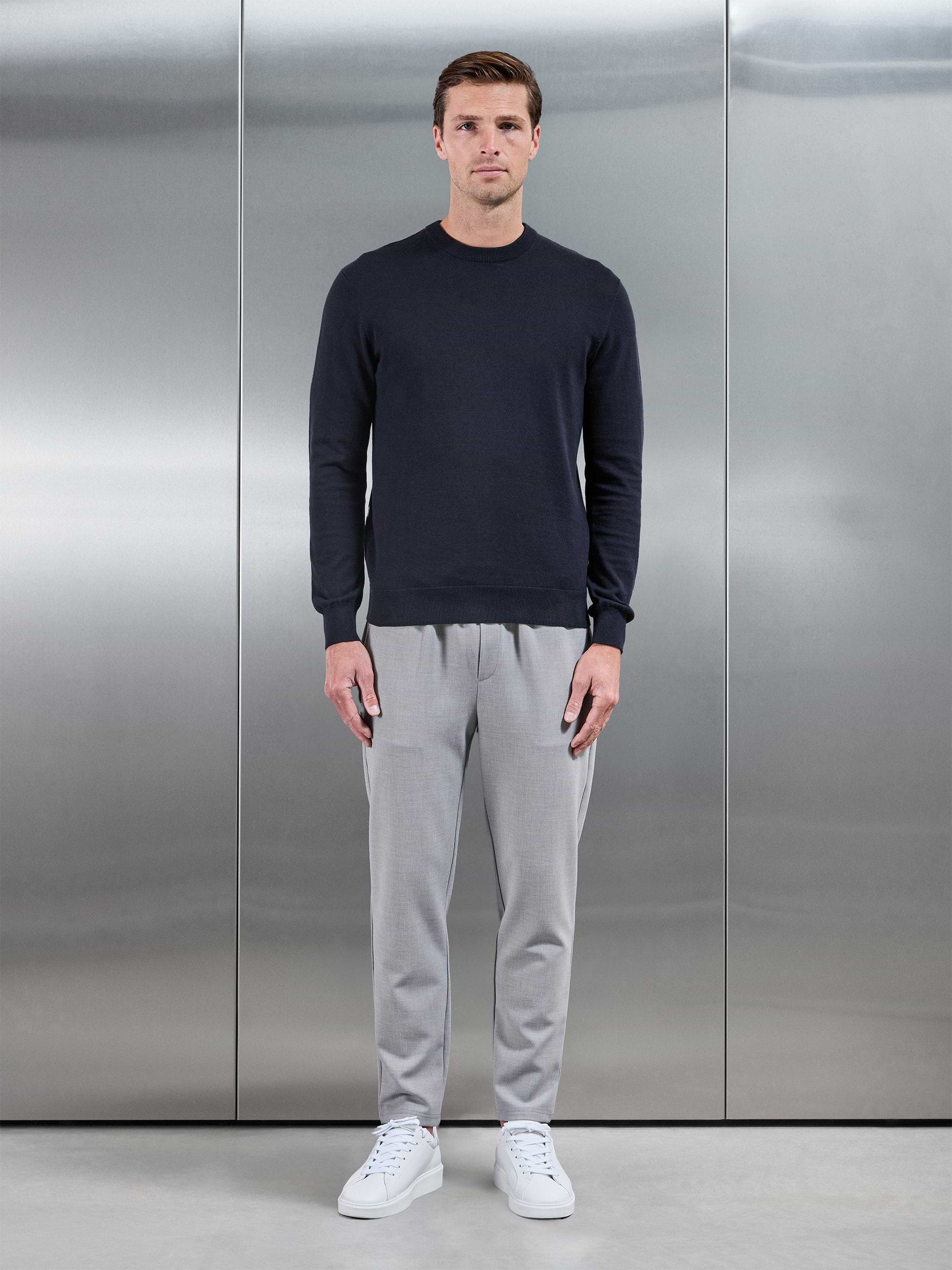 Cotton Knitted Crew Neck Sweatshirt in Navy