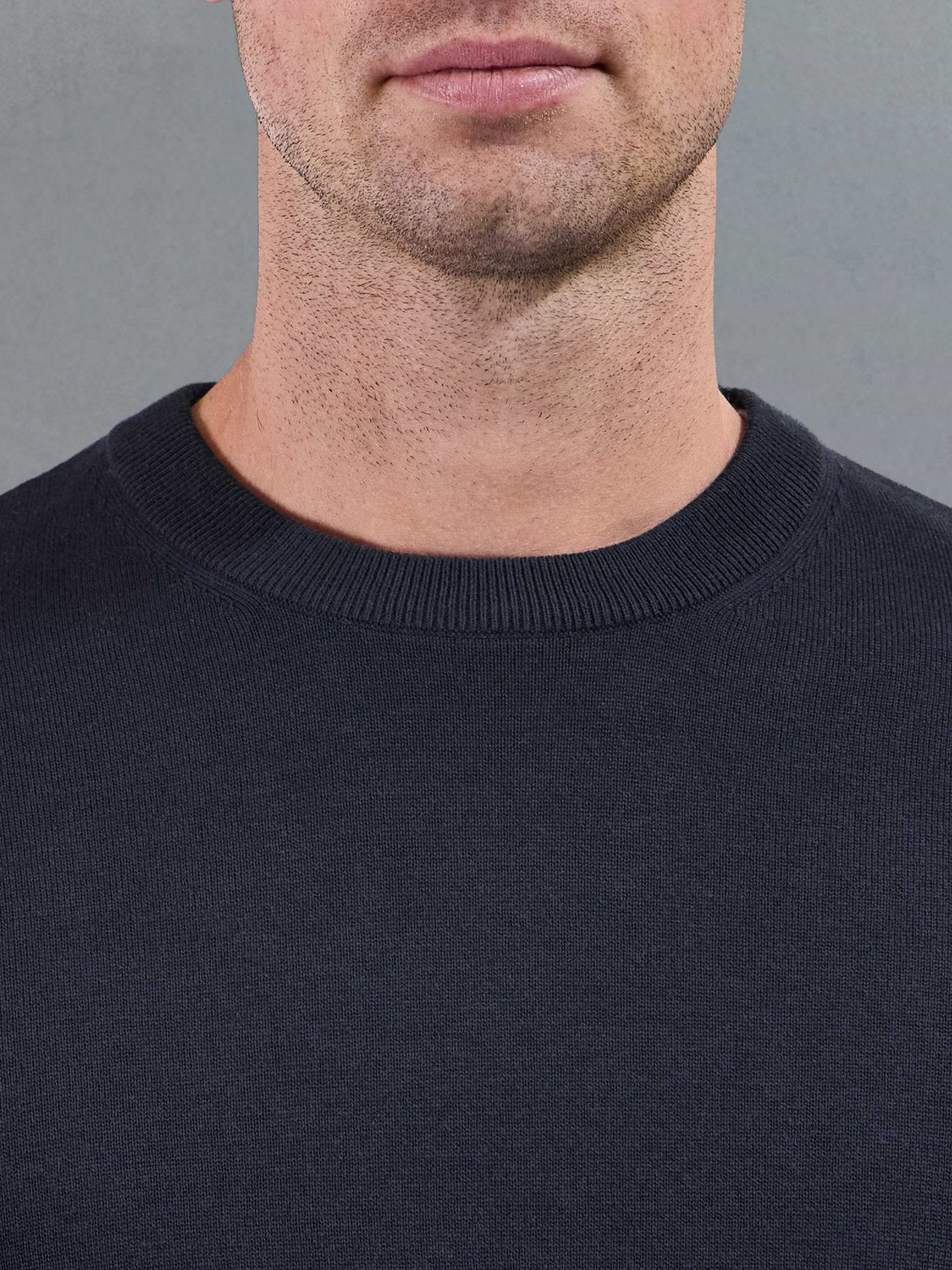 Cotton Knitted Crew Neck Sweatshirt in Navy