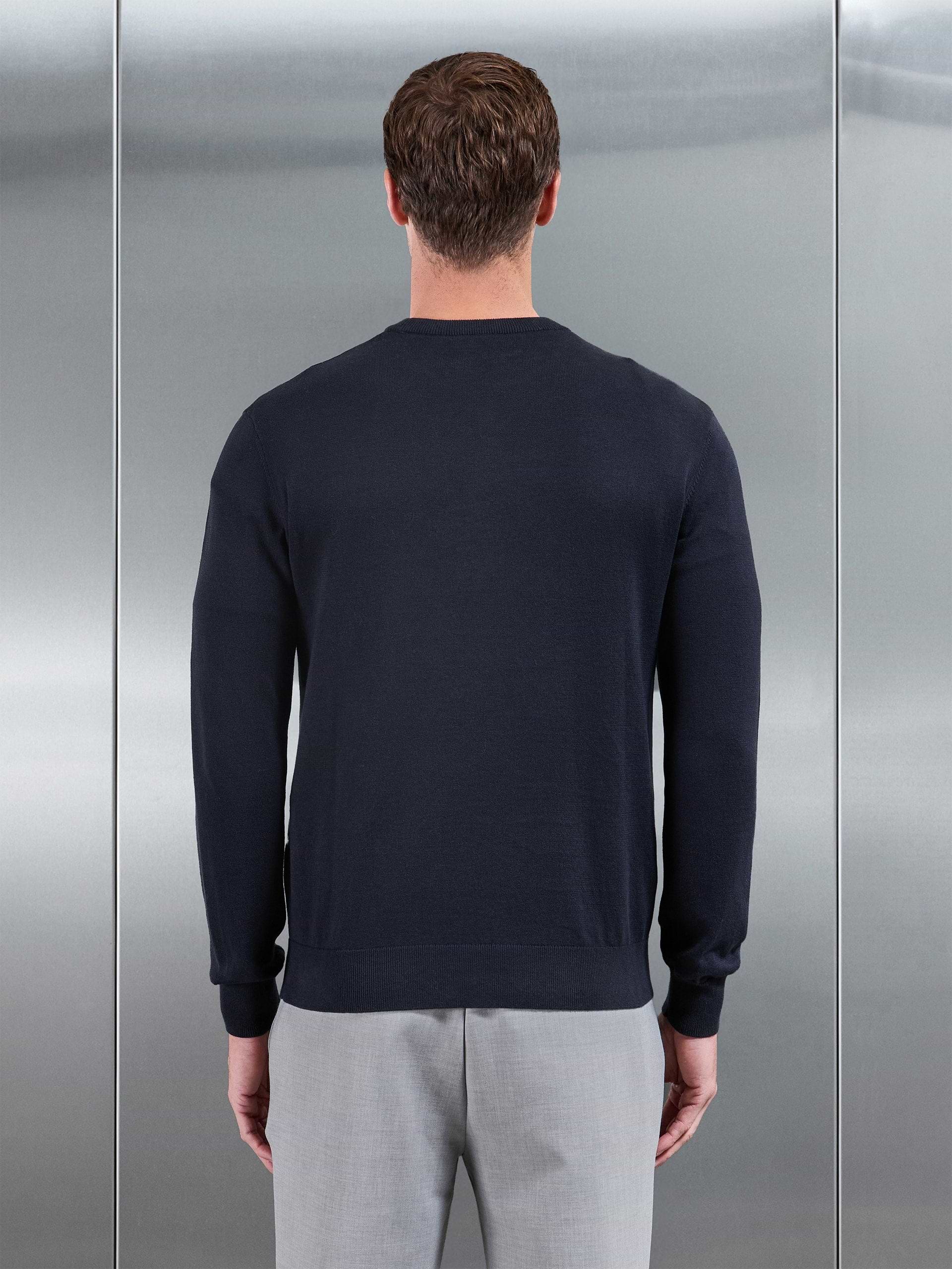 Cotton Knitted Crew Neck Sweatshirt in Navy