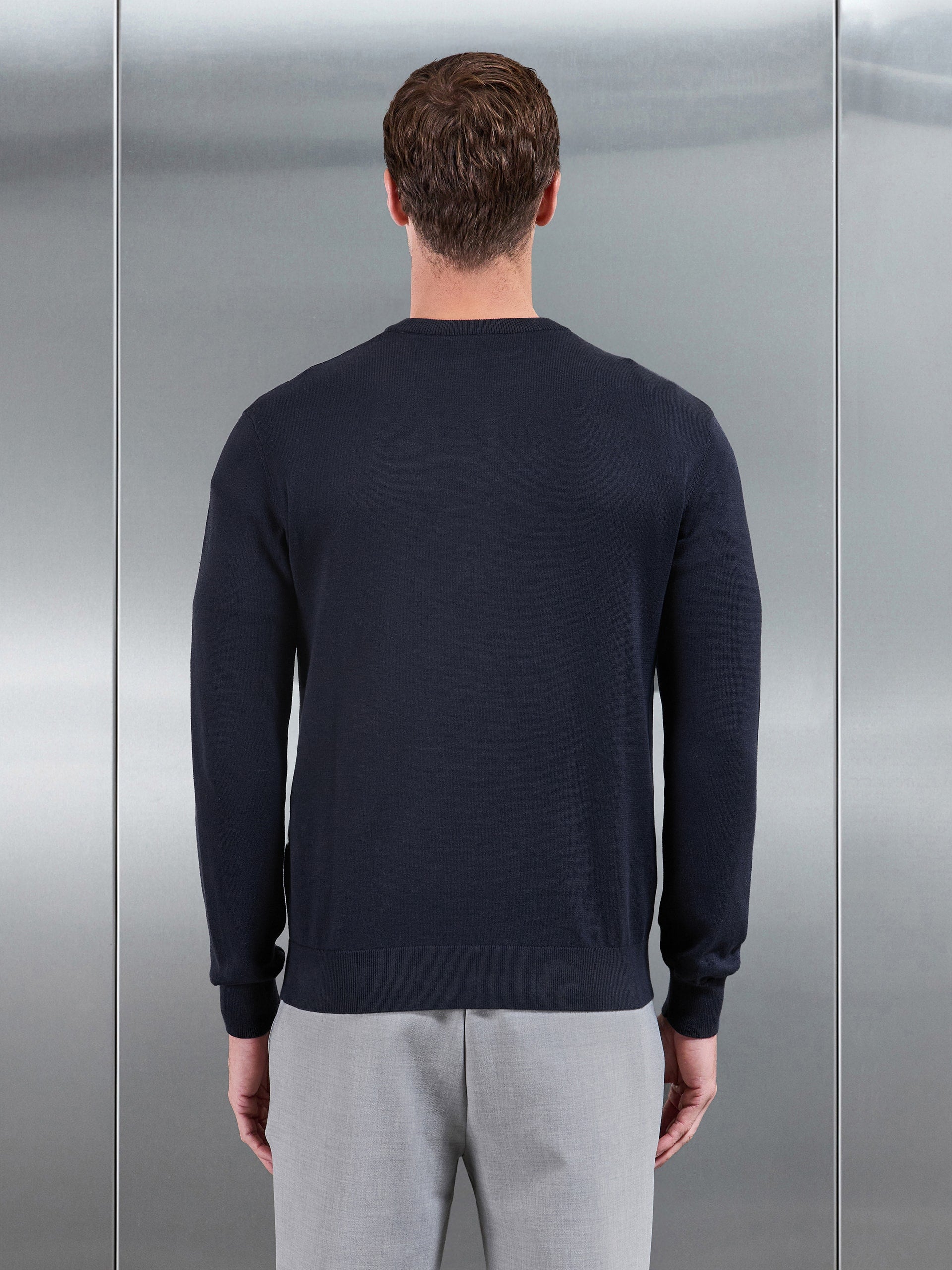 Cotton Knitted Crew Neck Sweatshirt in Navy