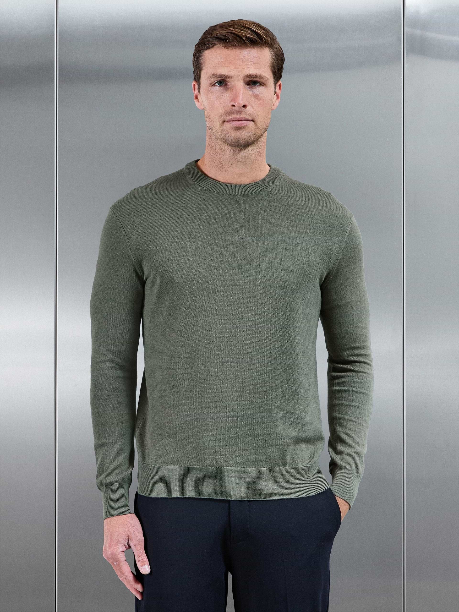 Cotton Knitted Crew Neck Sweatshirt in Sage
