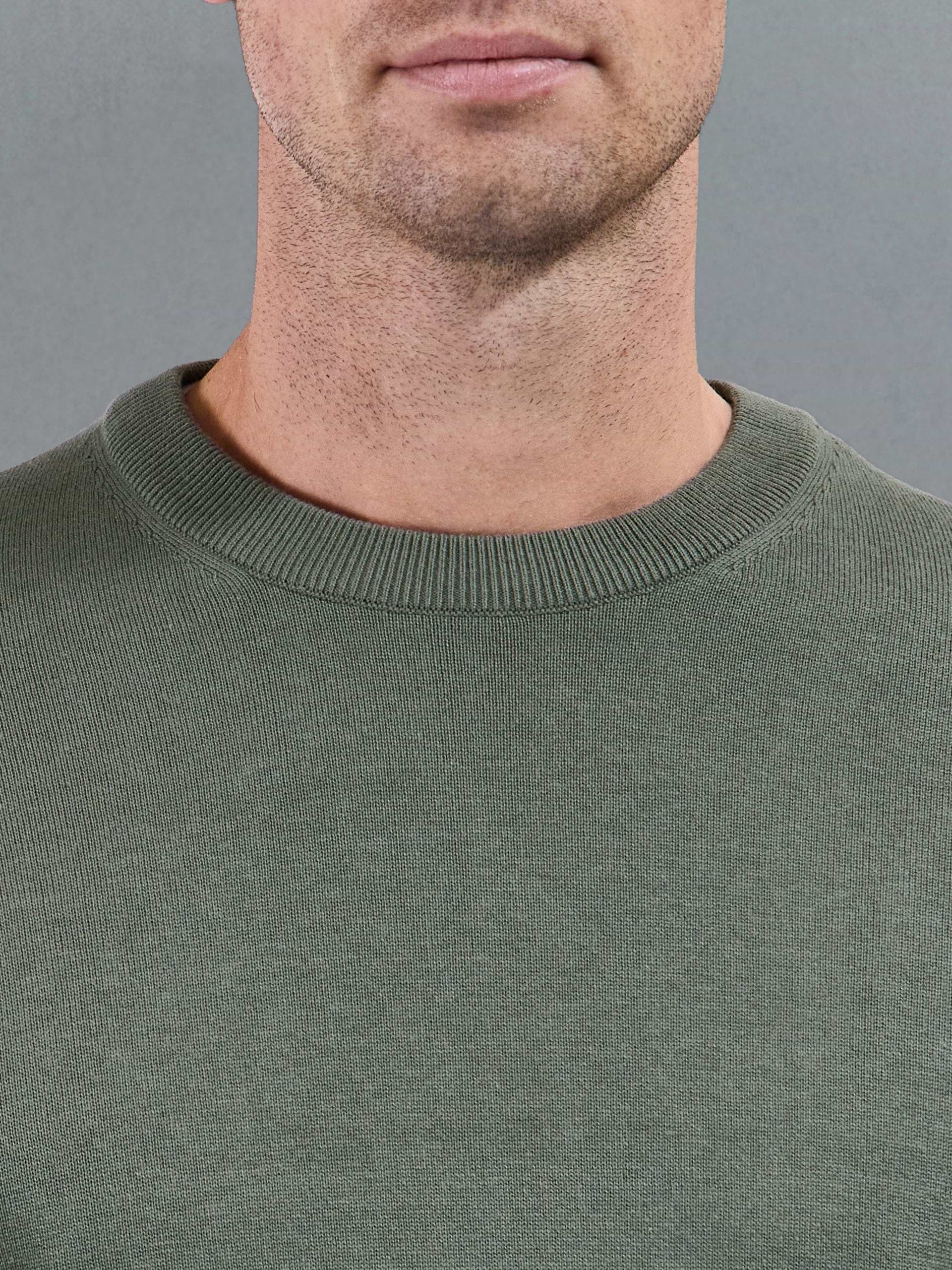 Cotton Knitted Crew Neck Sweatshirt in Sage