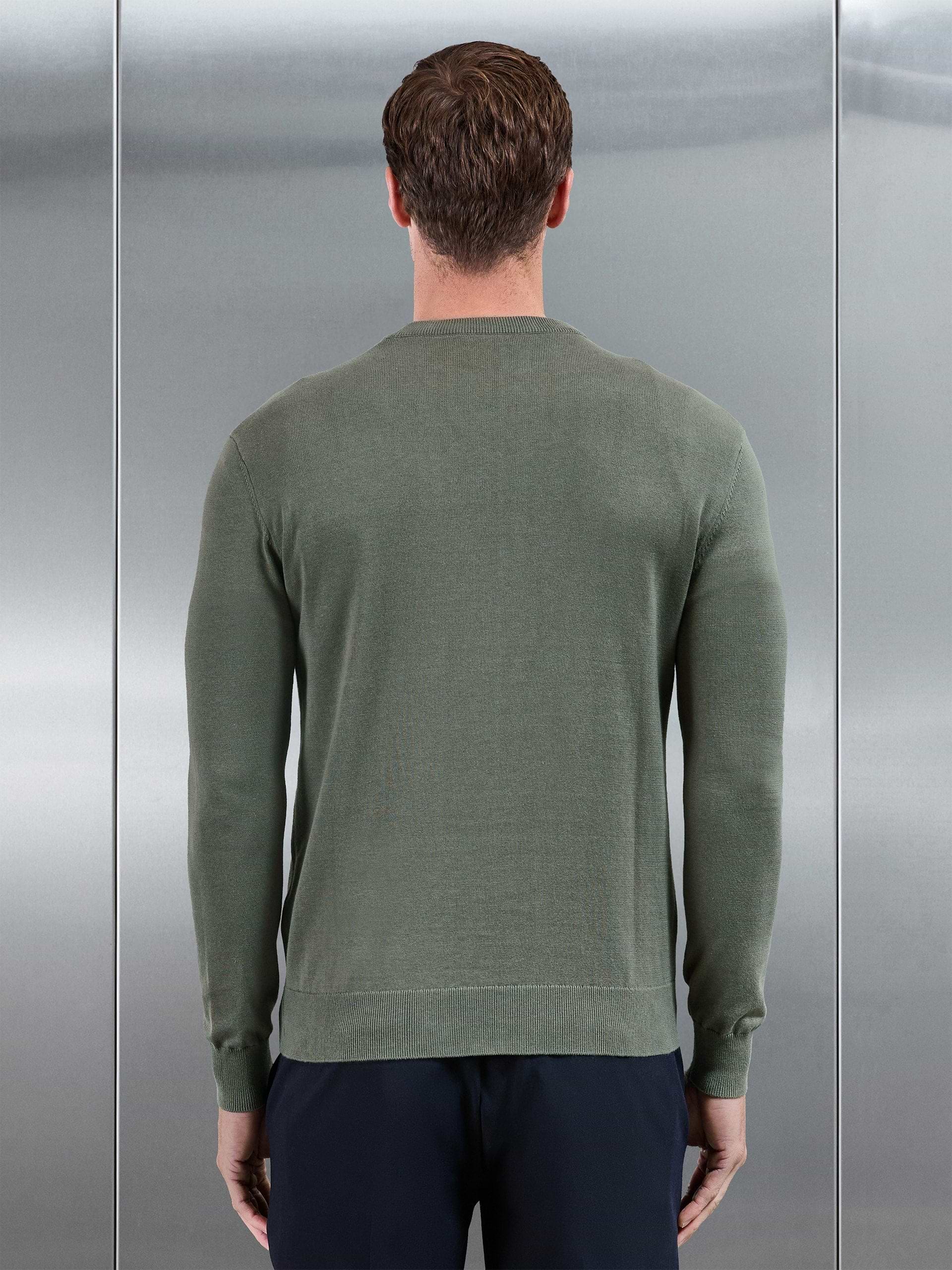 Cotton Knitted Crew Neck Sweatshirt in Sage