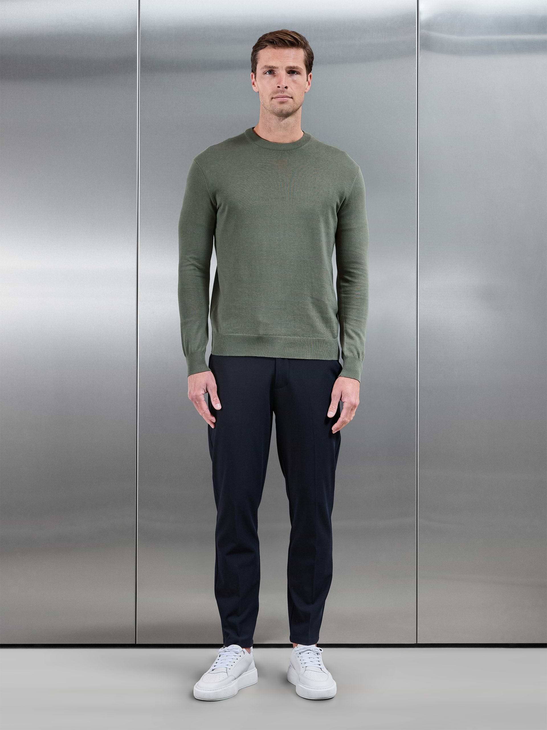 Cotton Knitted Crew Neck Sweatshirt in Sage