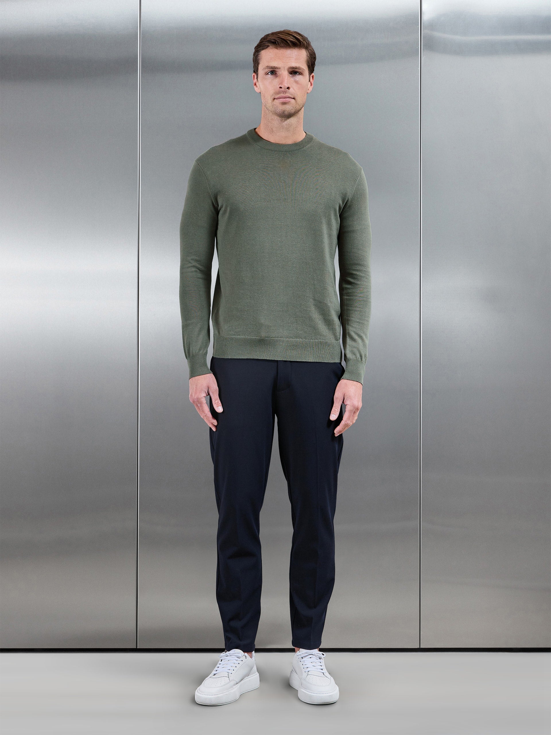 Cotton Knitted Crew Neck Sweatshirt in Sage