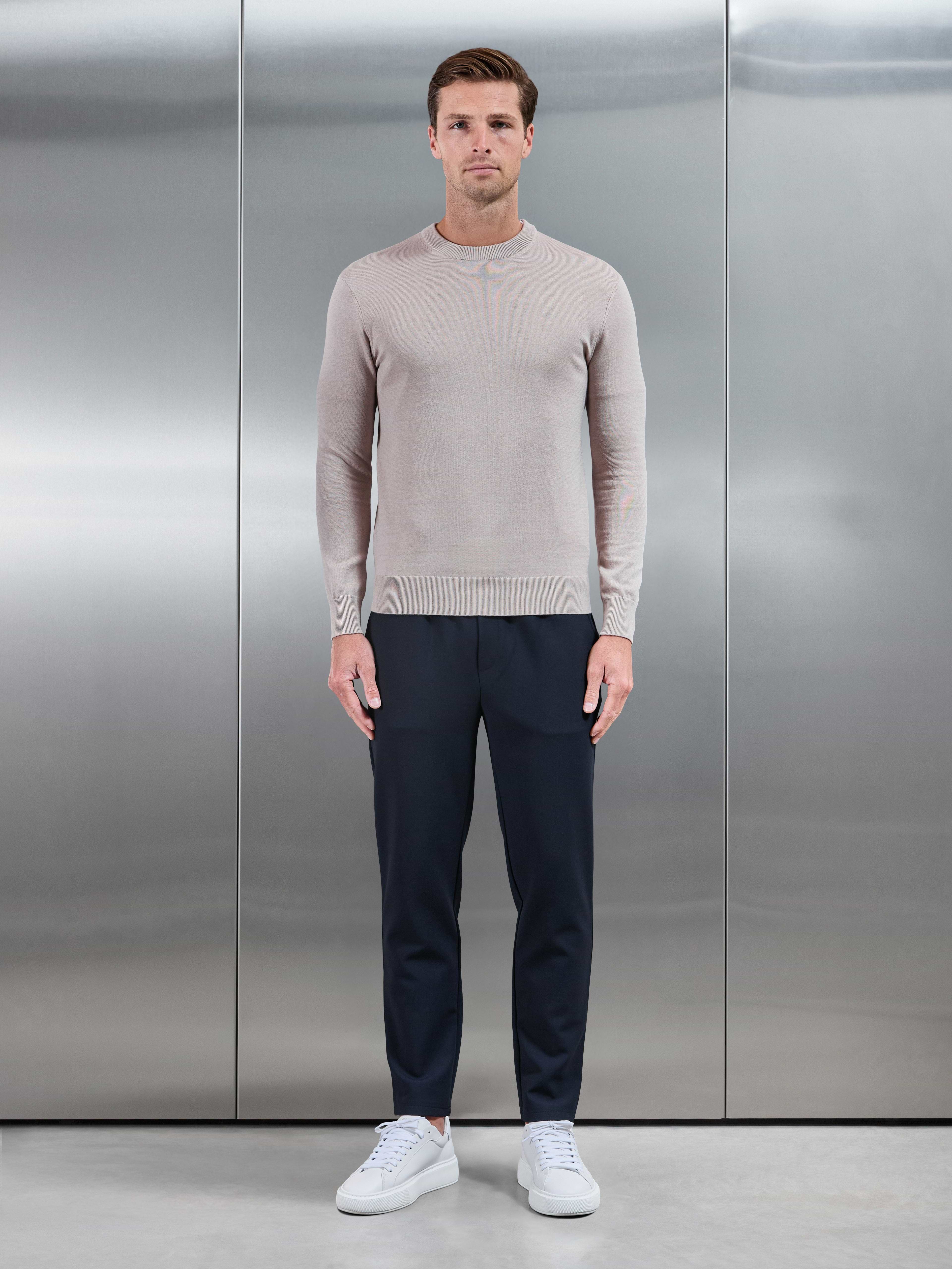 Cotton Knitted Crew Neck Sweatshirt in Stone