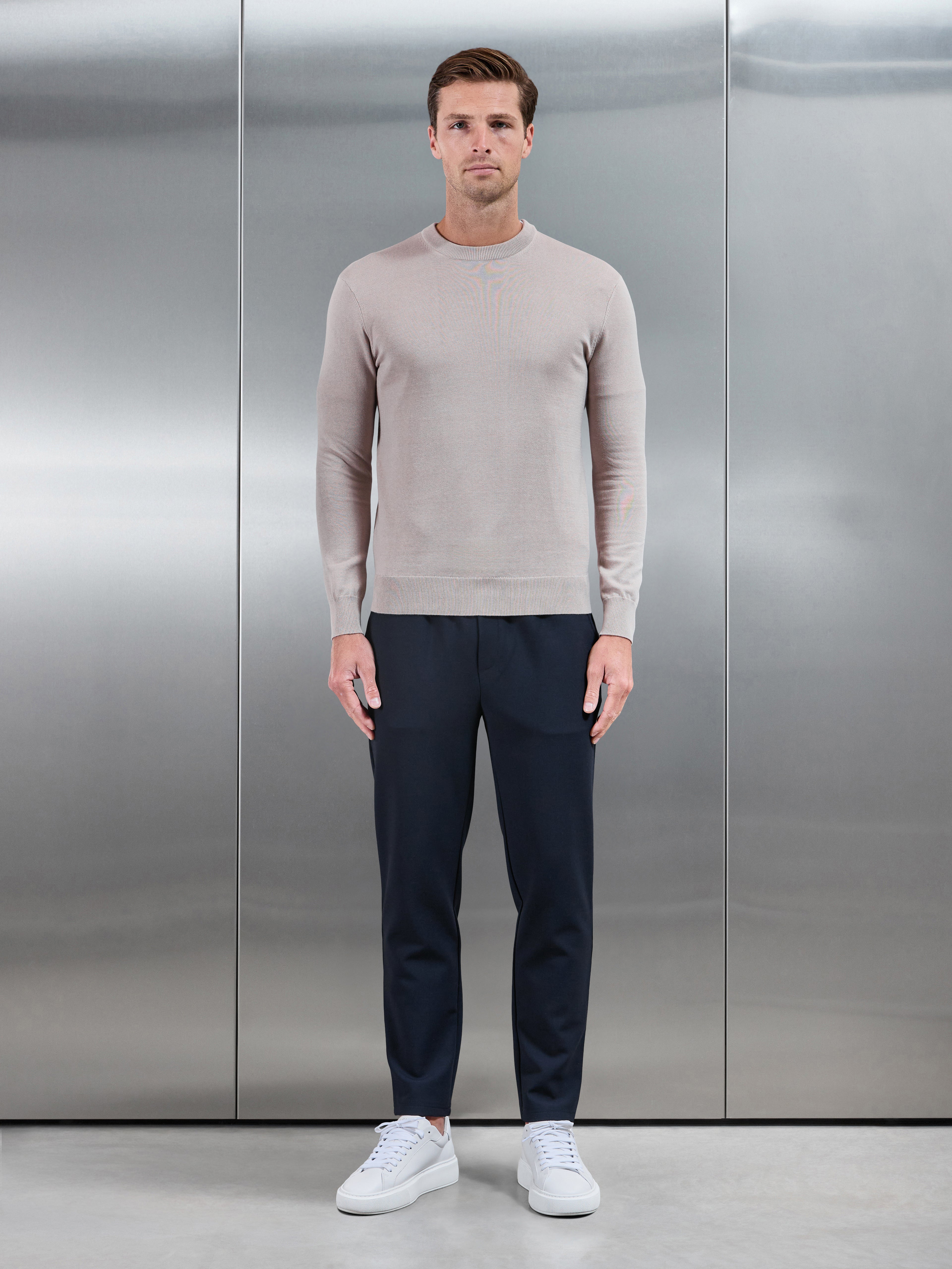 Cotton Knitted Crew Neck Sweatshirt in Stone