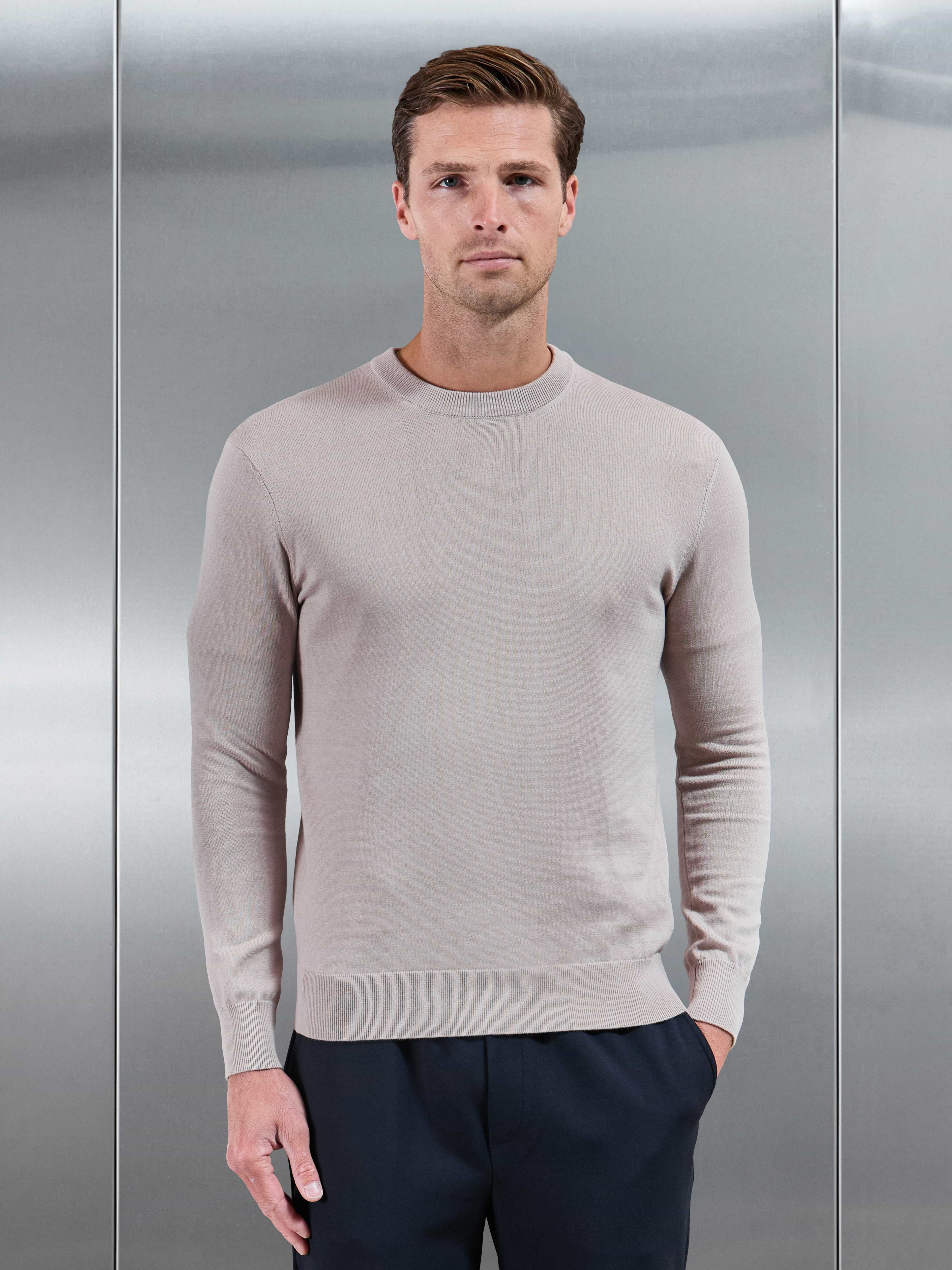Cotton Knitted Crew Neck Sweatshirt in Stone