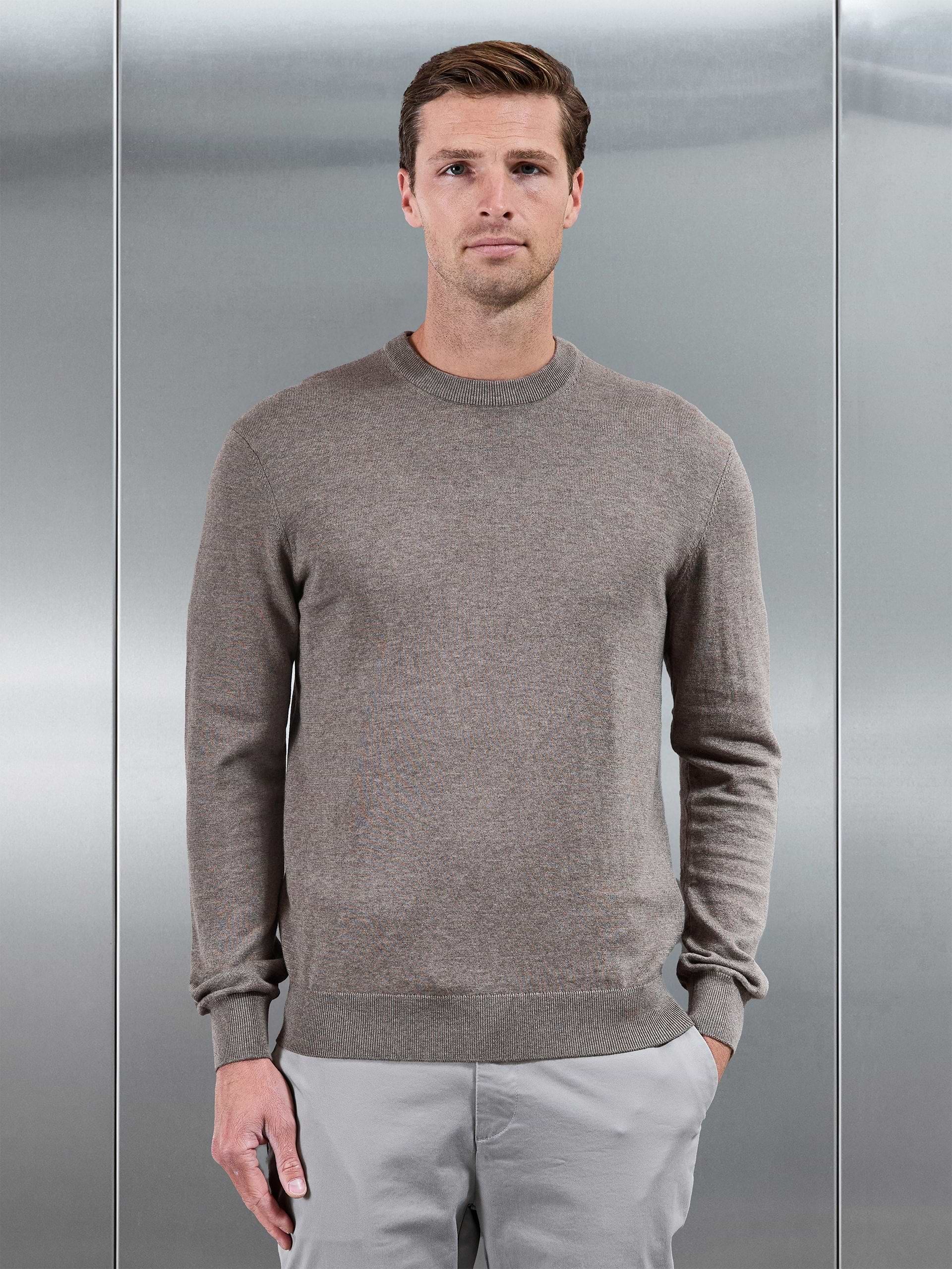 Cotton Knitted Crew Neck Sweatshirt in Taupe Marl