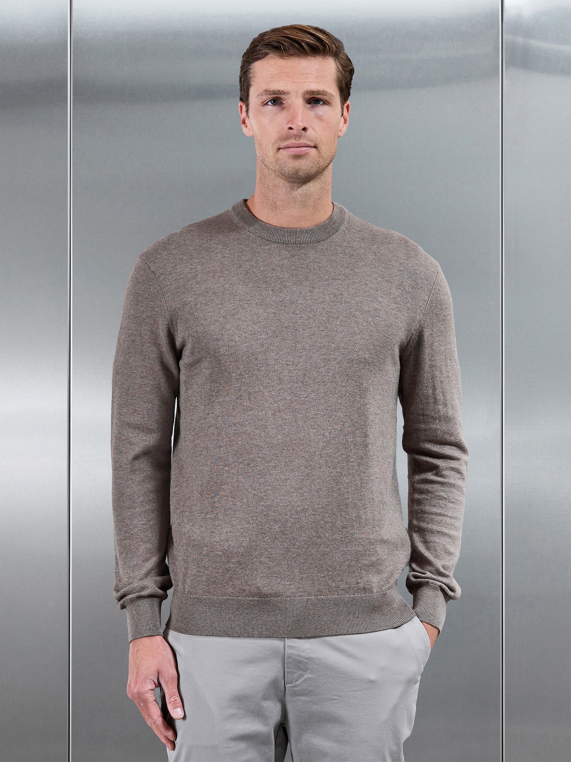Cotton Knitted Crew Neck Sweatshirt in Taupe Marl