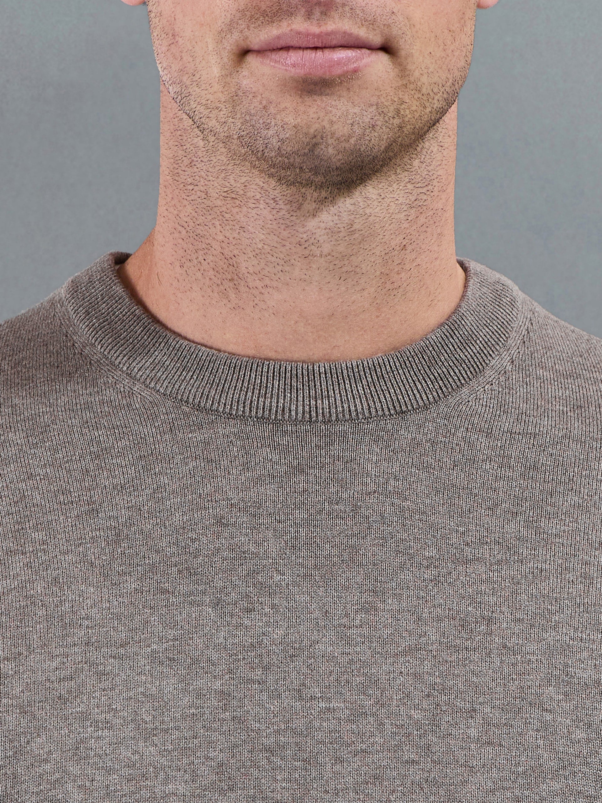 Cotton Knitted Crew Neck Sweatshirt in Taupe Marl