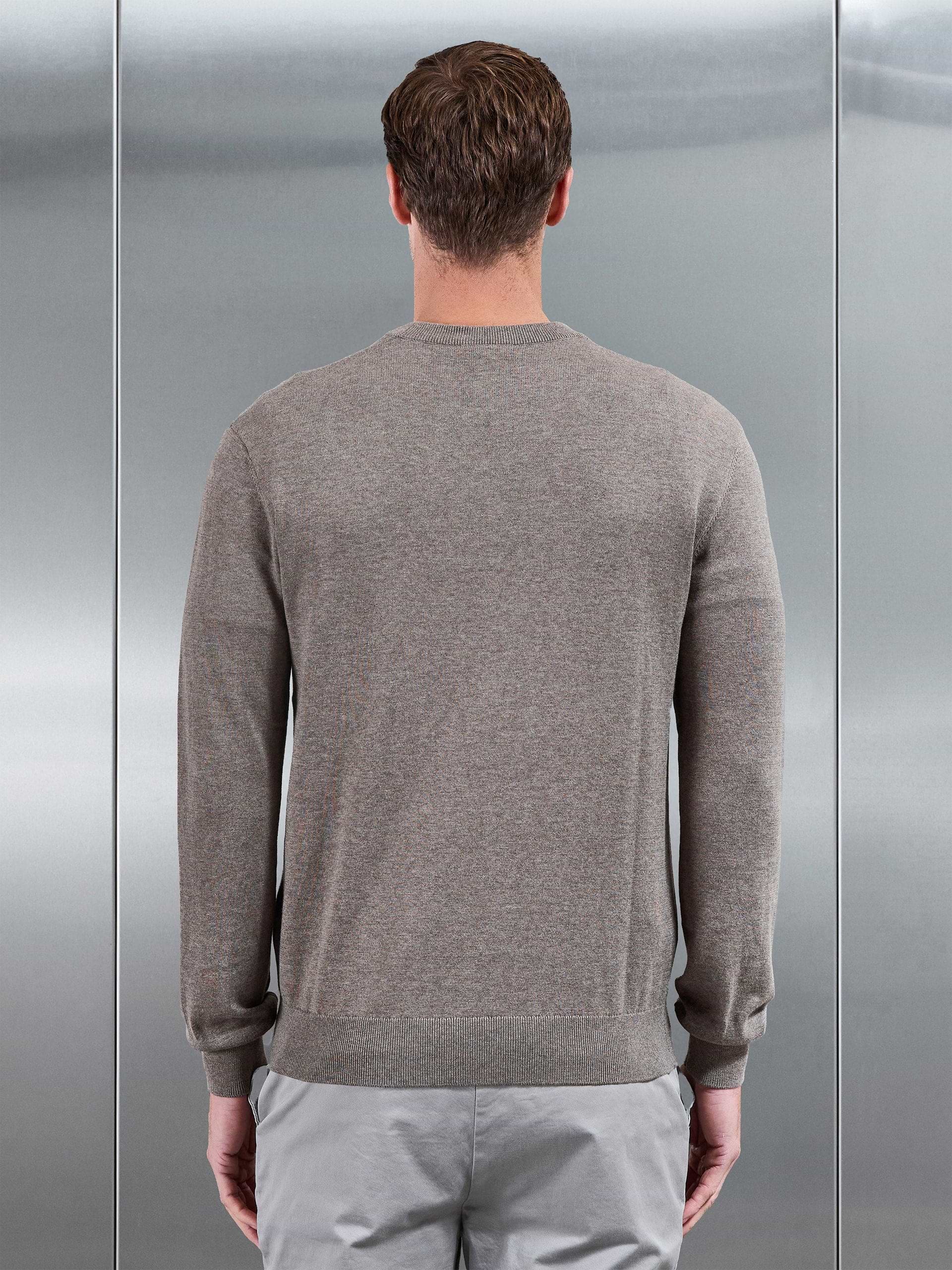 Cotton Knitted Crew Neck Sweatshirt in Taupe Marl