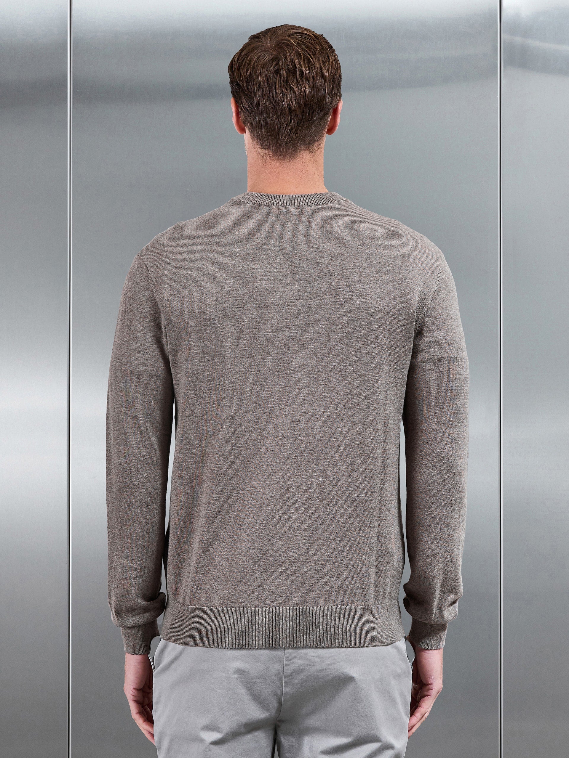 Cotton Knitted Crew Neck Sweatshirt in Taupe Marl