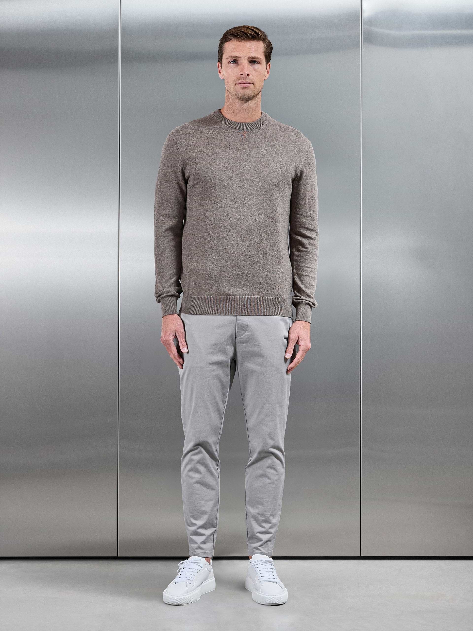 Cotton Knitted Crew Neck Sweatshirt in Taupe Marl