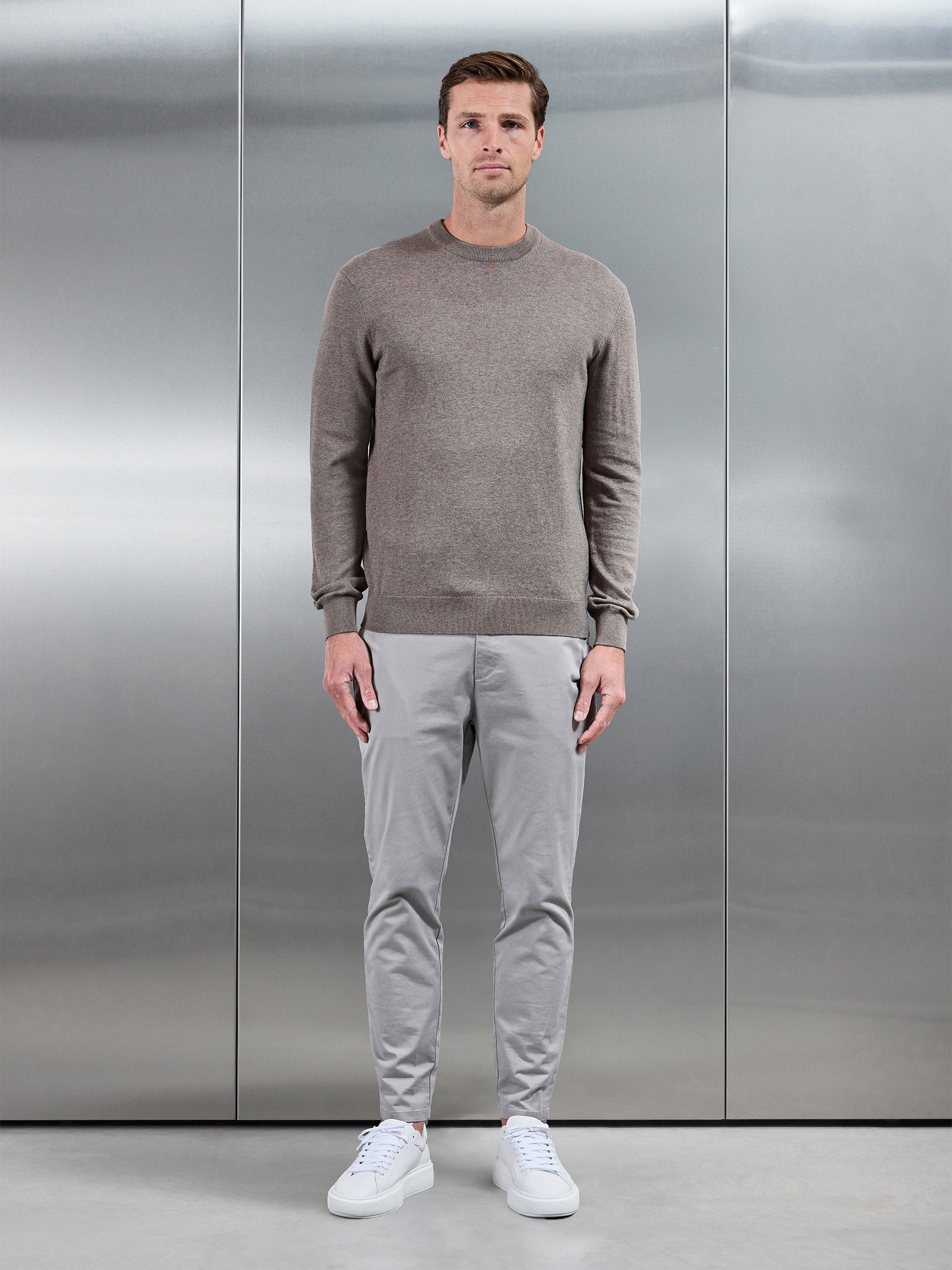 Cotton Knitted Crew Neck Sweatshirt in Taupe Marl