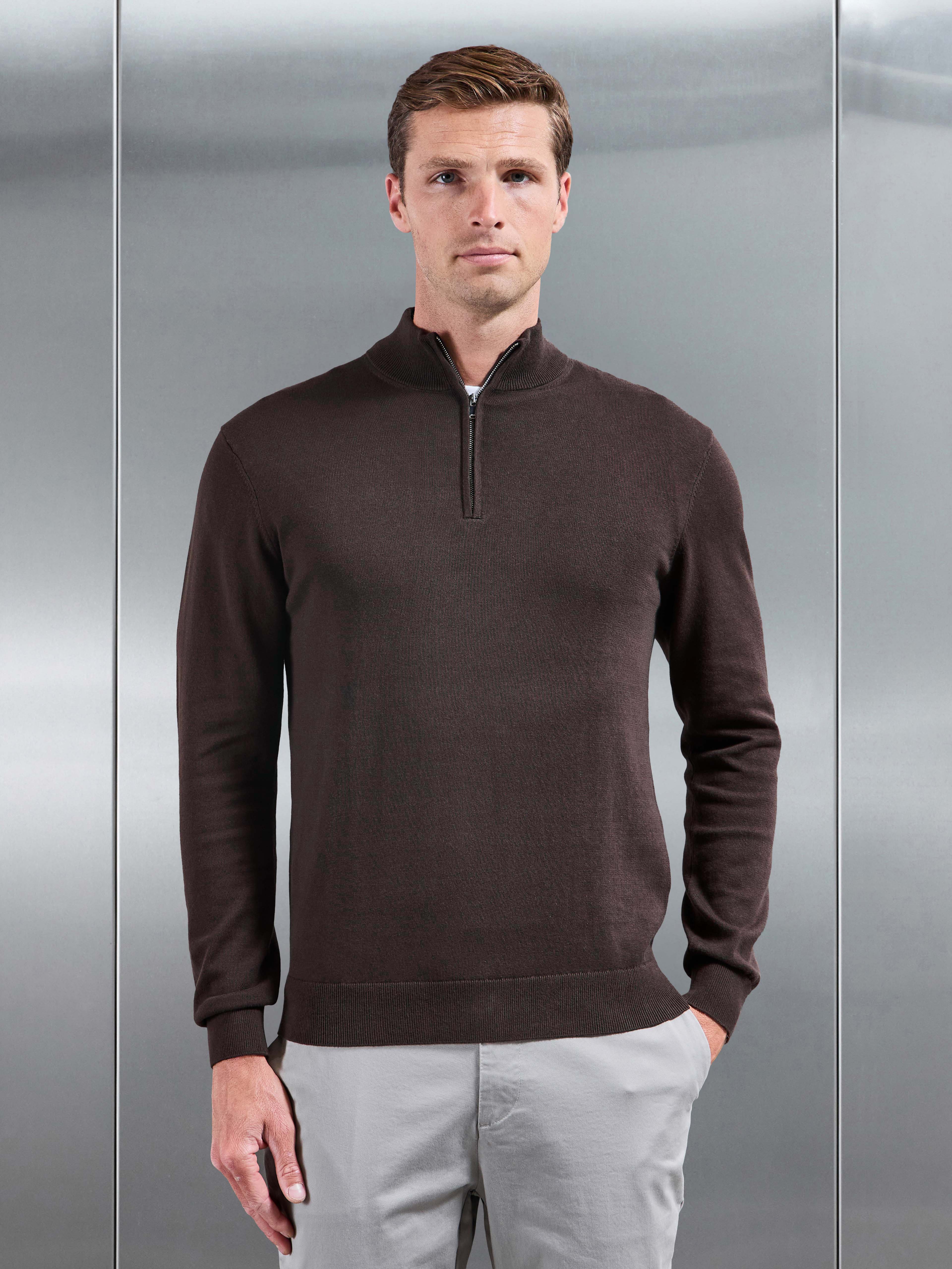 Cotton Knitted Half Zip Jumper in Brown