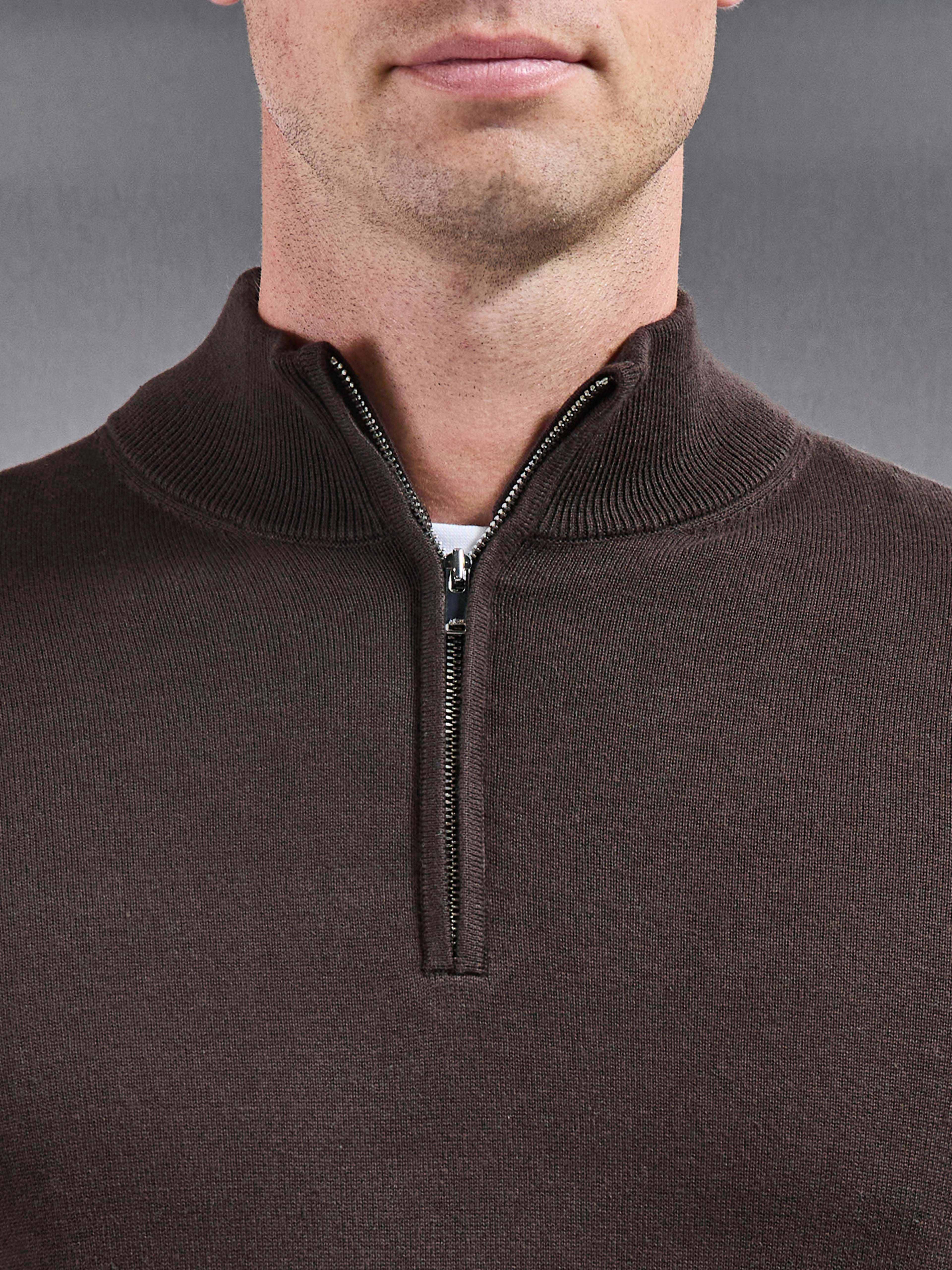 Cotton Knitted Half Zip Jumper in Brown