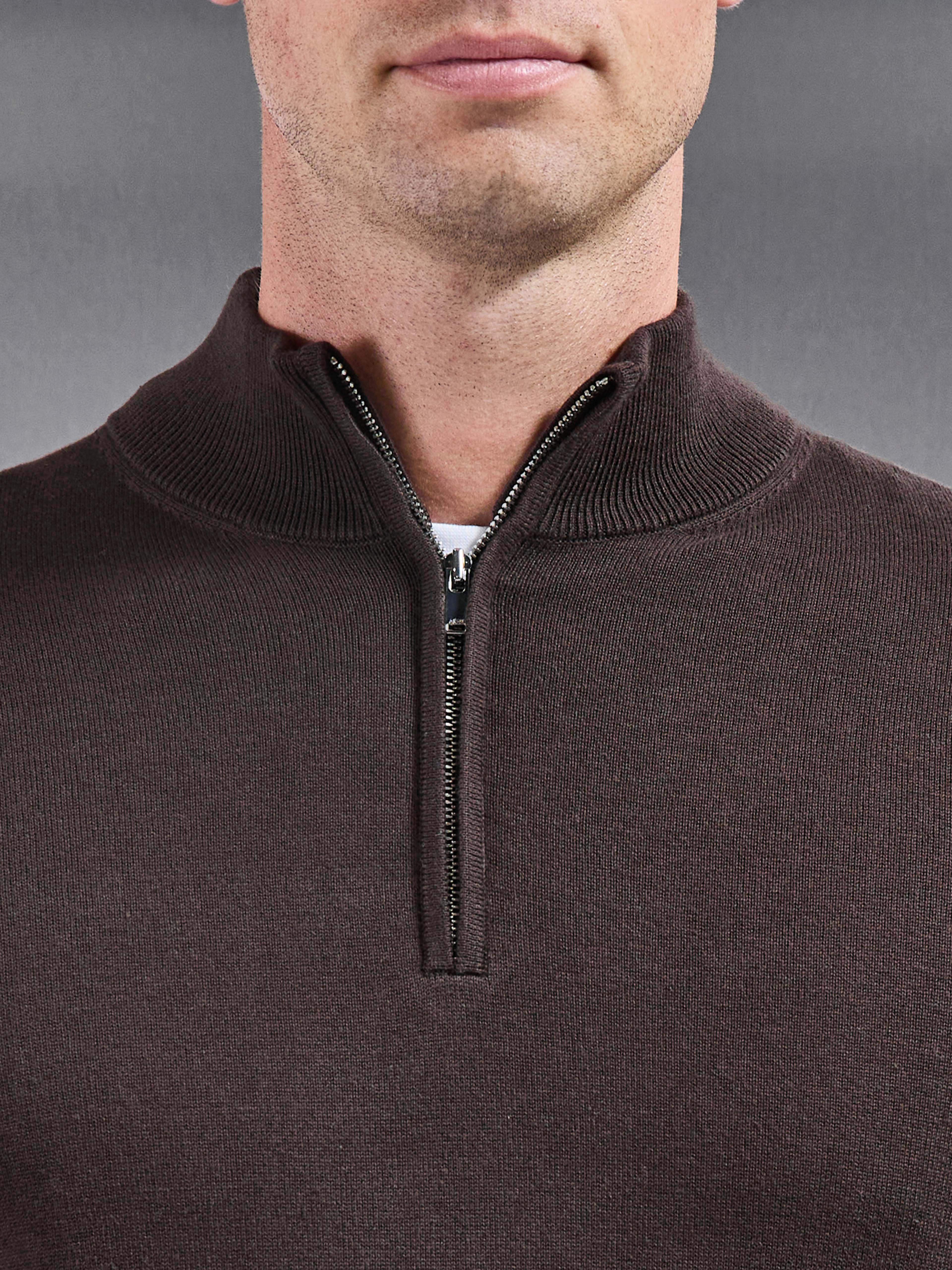 Cotton Knitted Half Zip Jumper in Brown