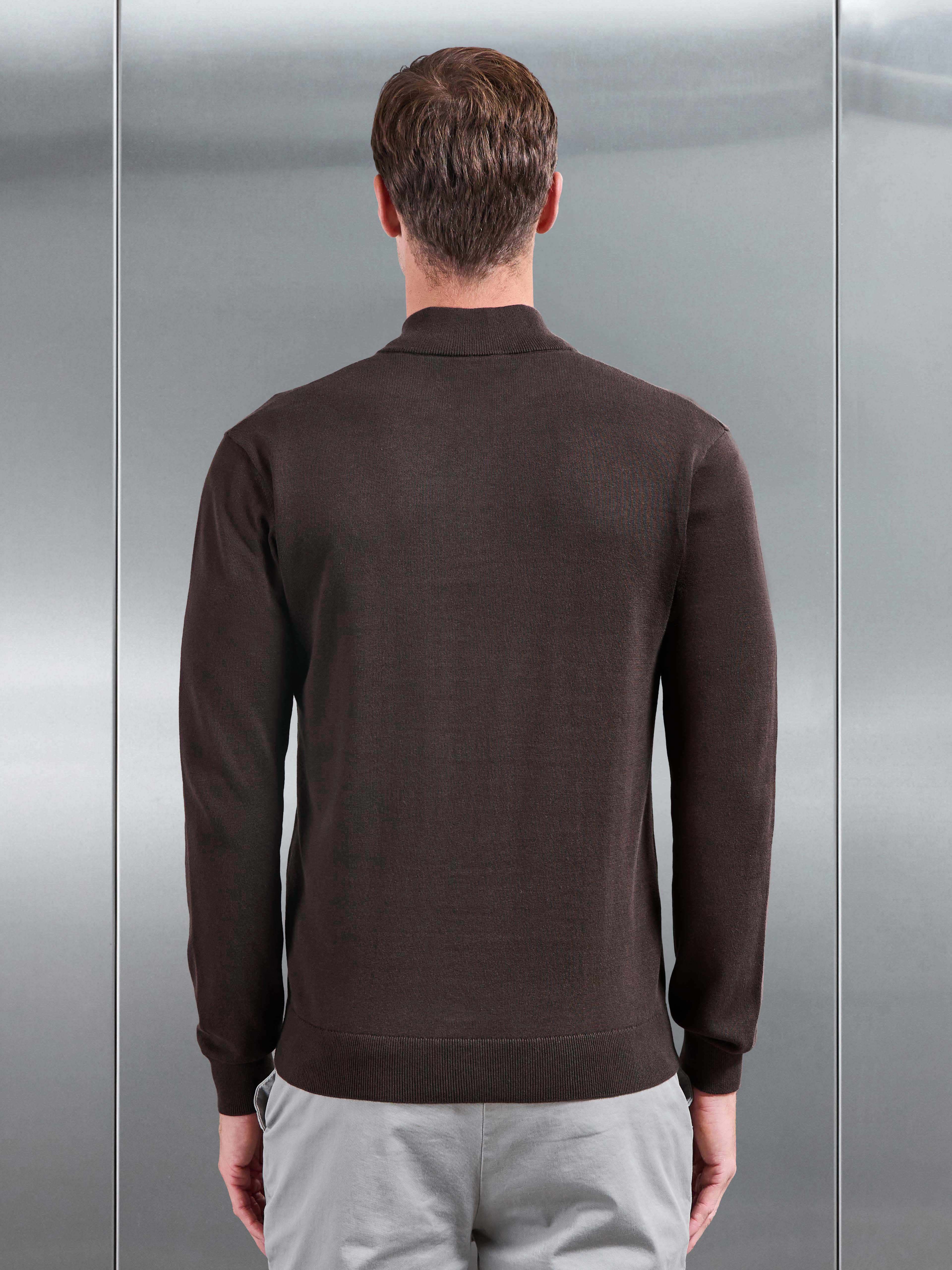 Cotton Knitted Half Zip Jumper in Brown