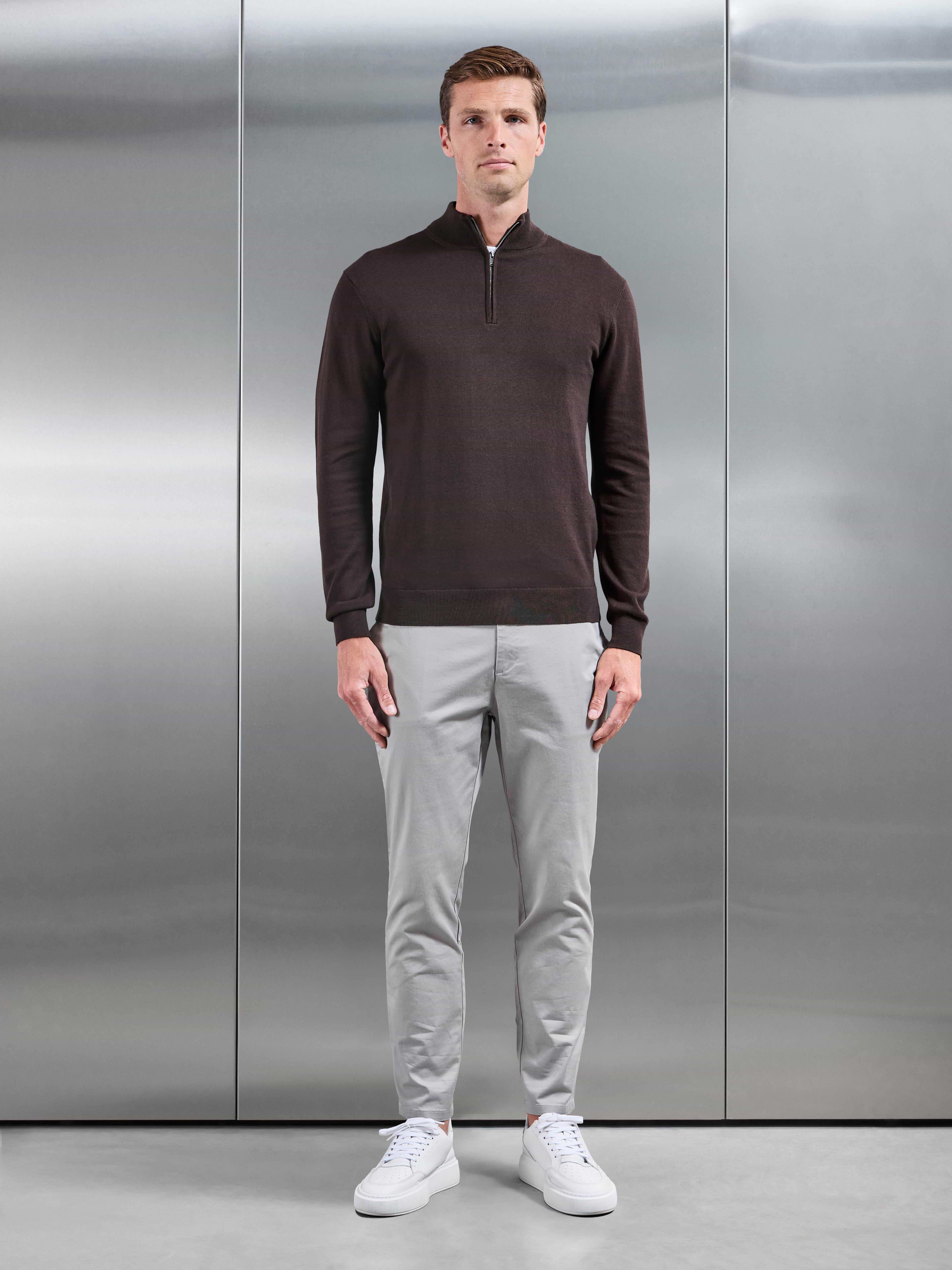 Cotton Knitted Half Zip Jumper in Brown