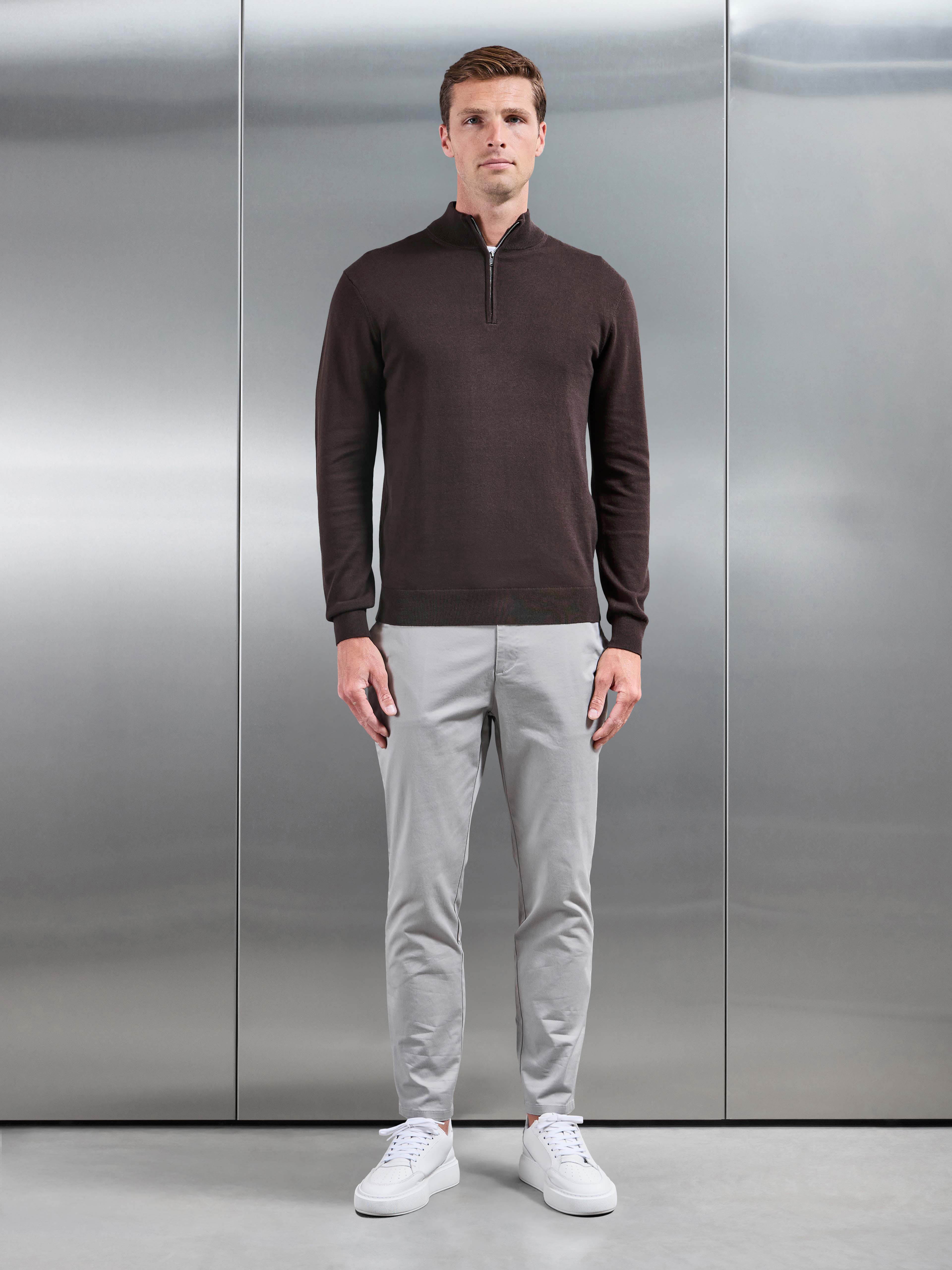 Cotton Knitted Half Zip Jumper in Brown