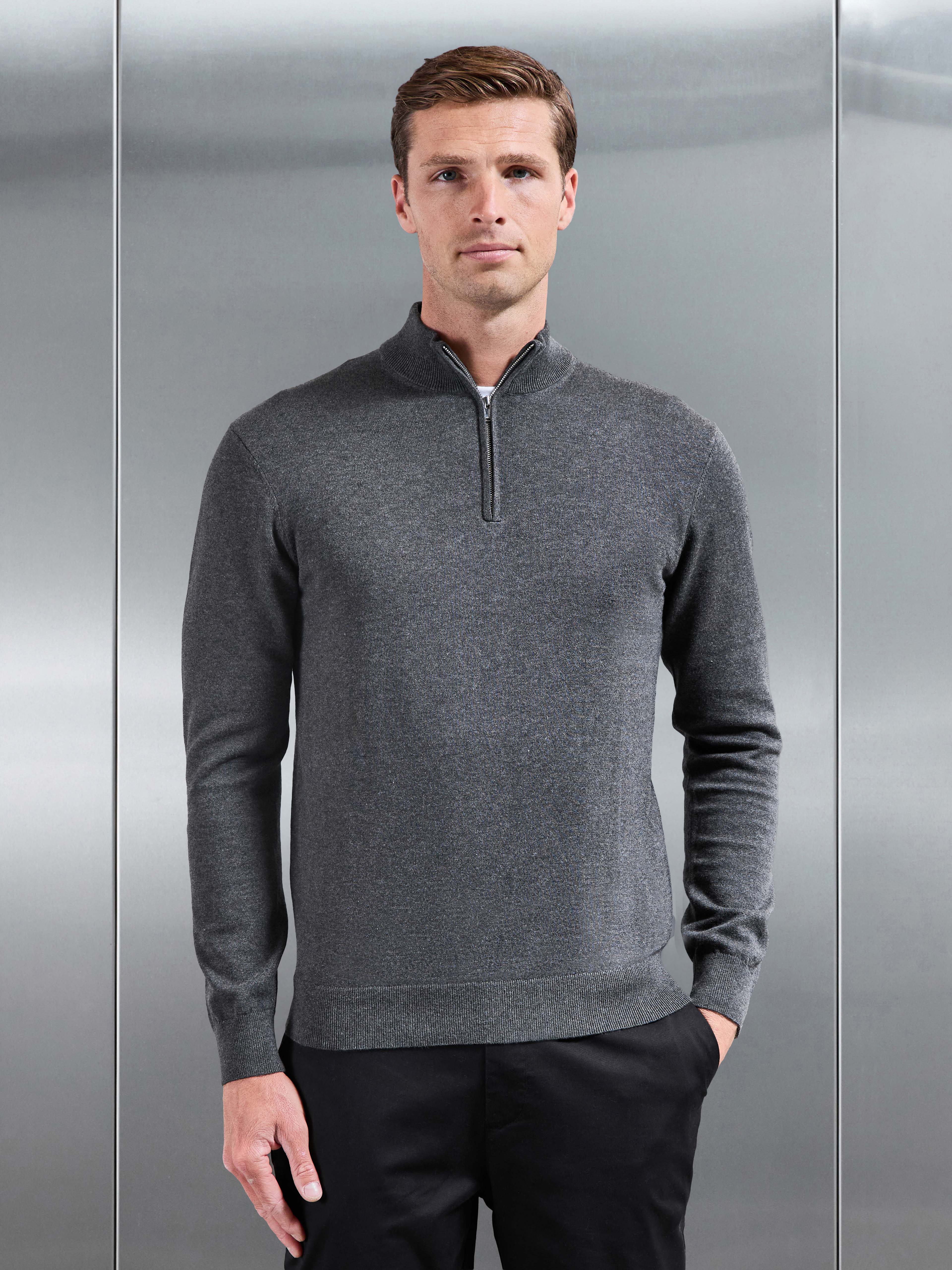 Cotton Knitted Half Zip Jumper in Charcoal Marl