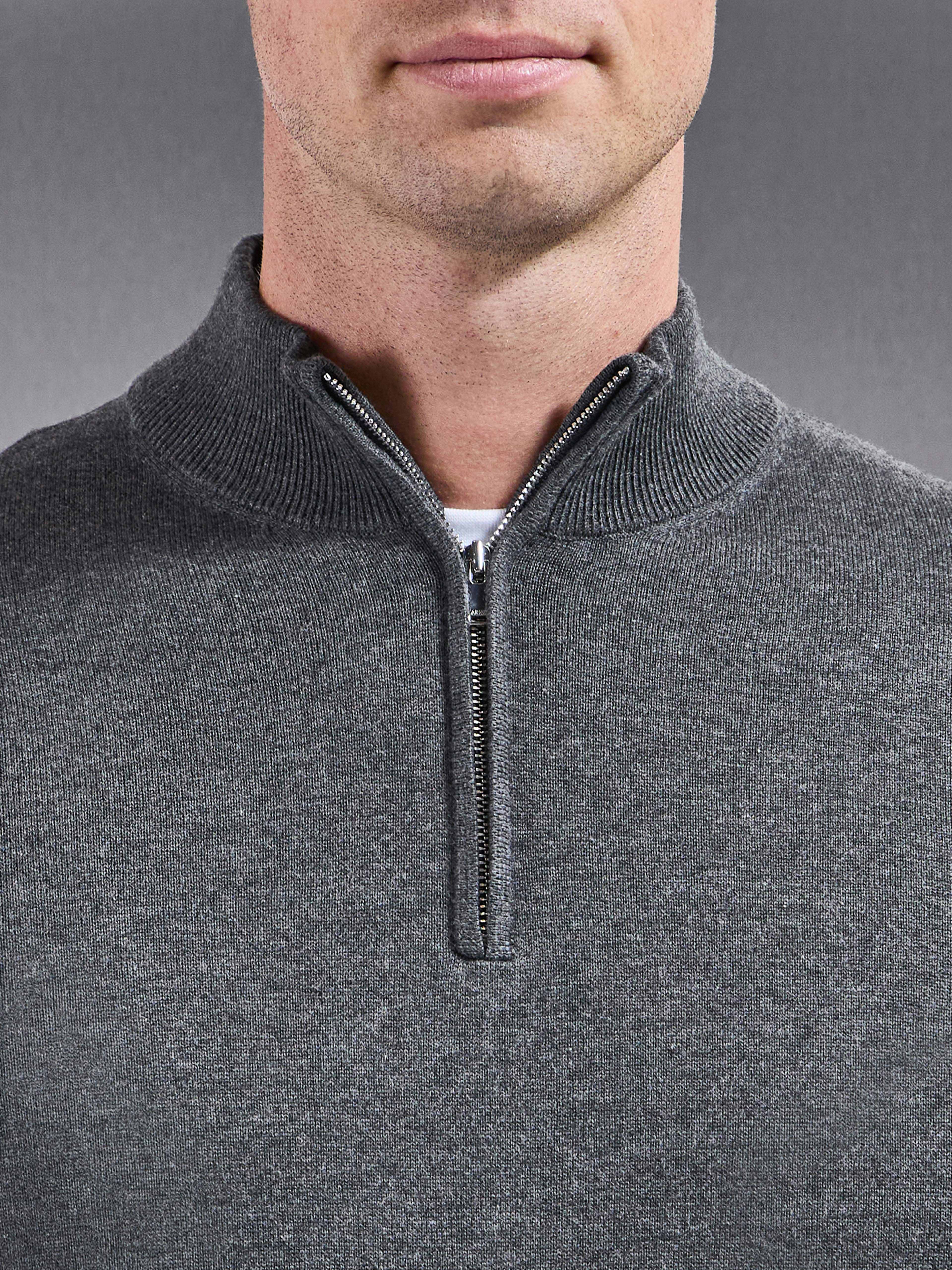 Cotton Knitted Half Zip Jumper in Charcoal Marl