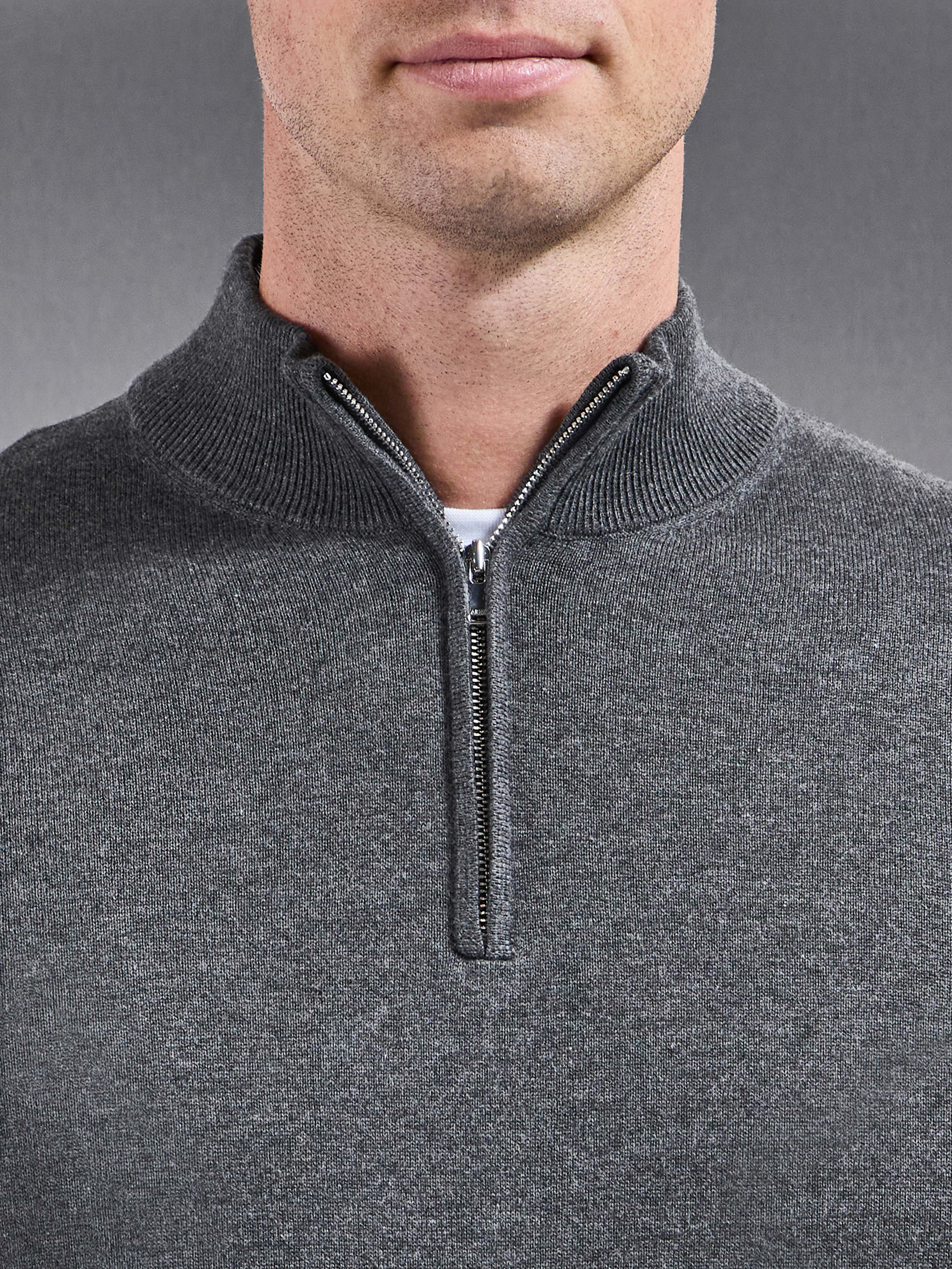 Cotton Knitted Half Zip Jumper in Charcoal Marl