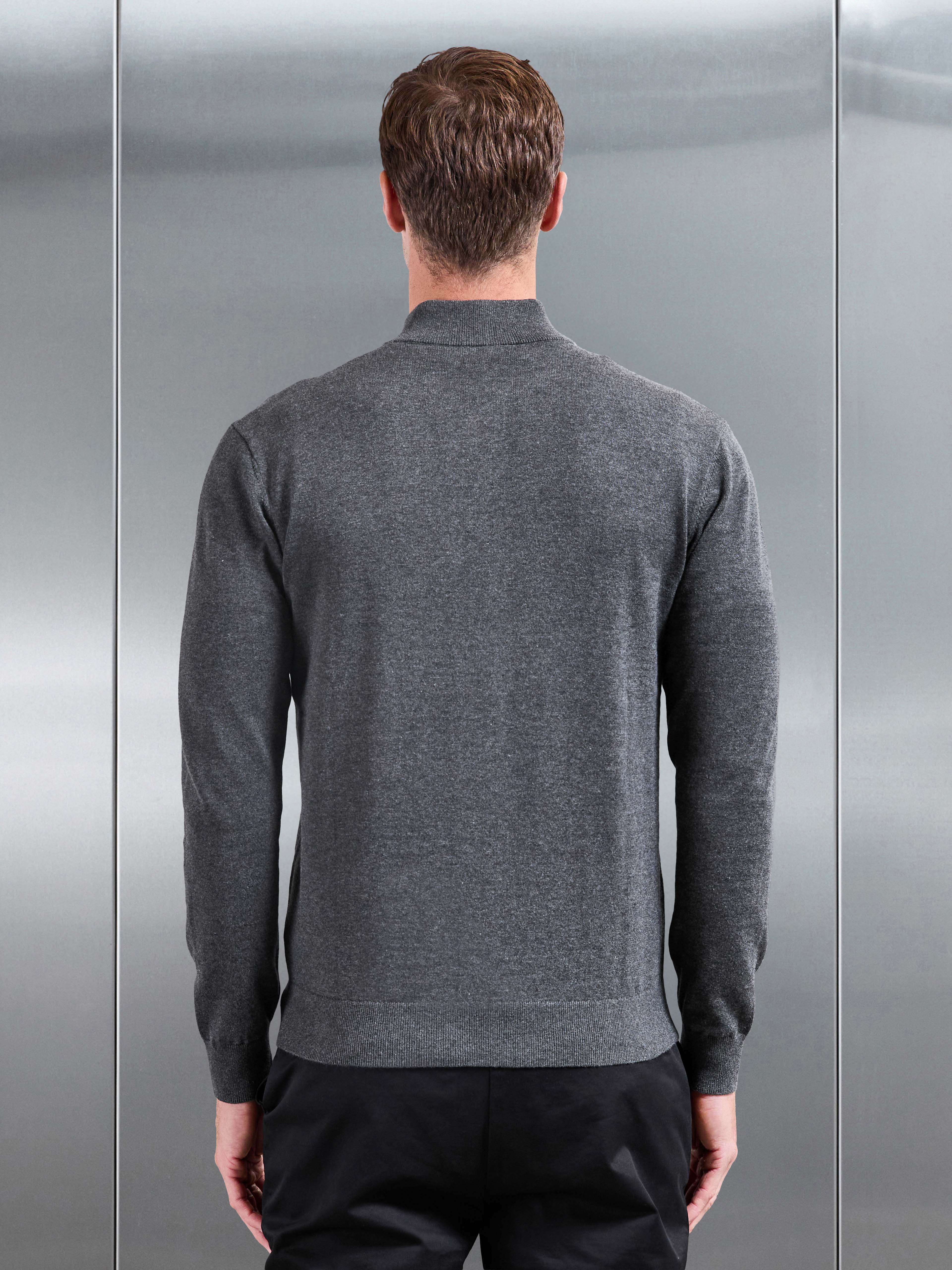 Cotton Knitted Half Zip Jumper in Charcoal Marl
