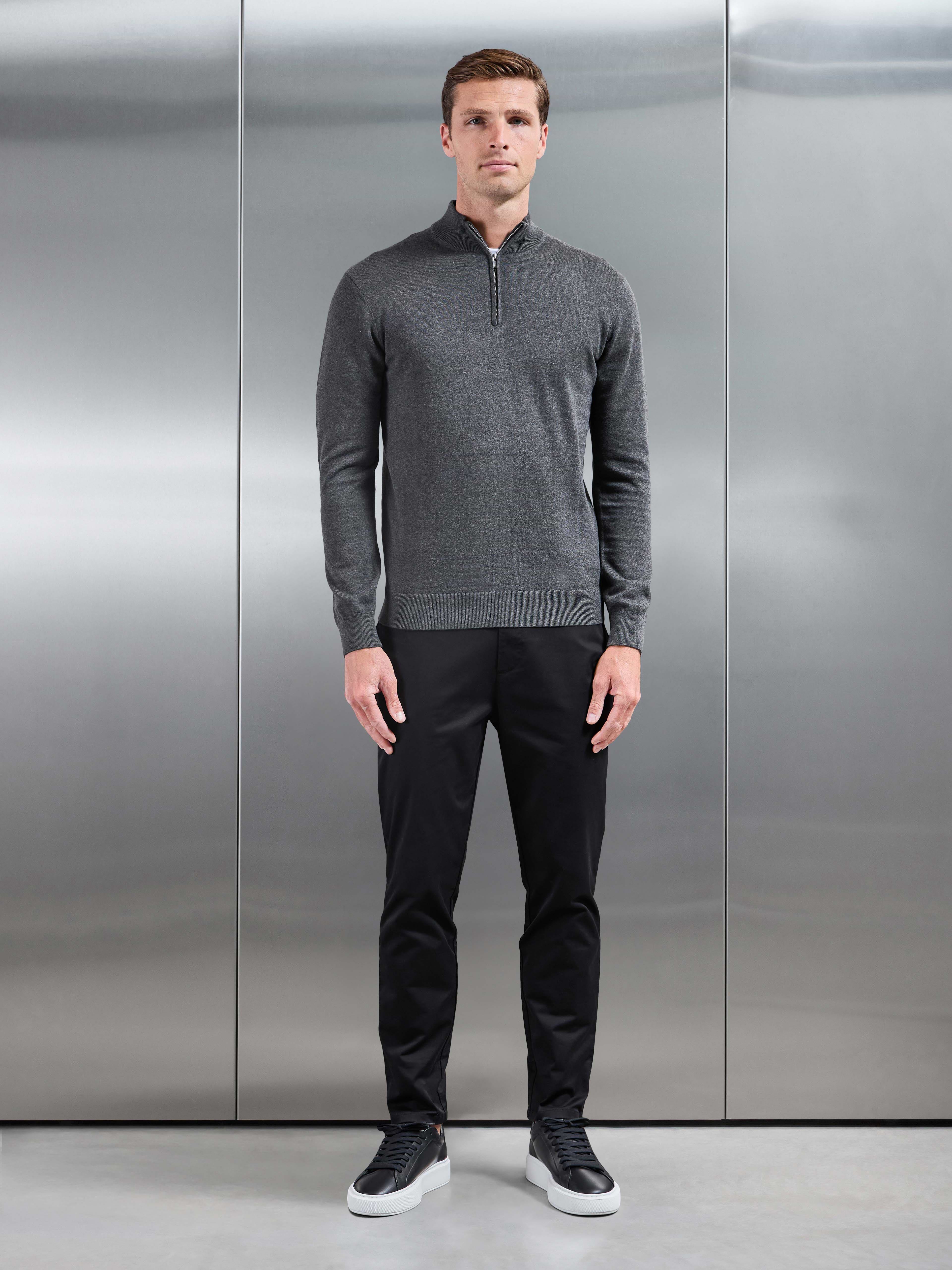 Cotton Knitted Half Zip Jumper in Charcoal Marl