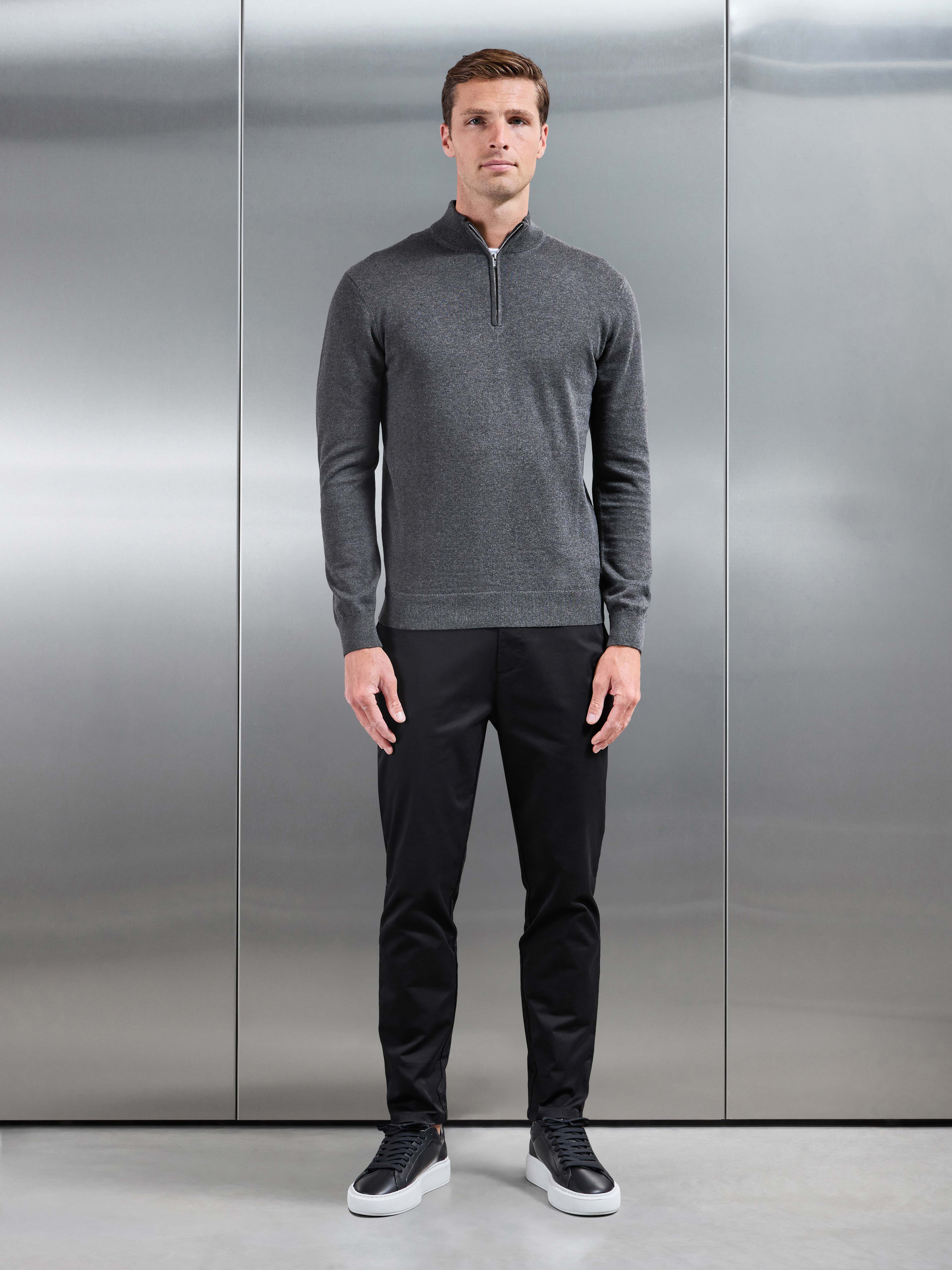 Cotton Knitted Half Zip Jumper in Charcoal Marl