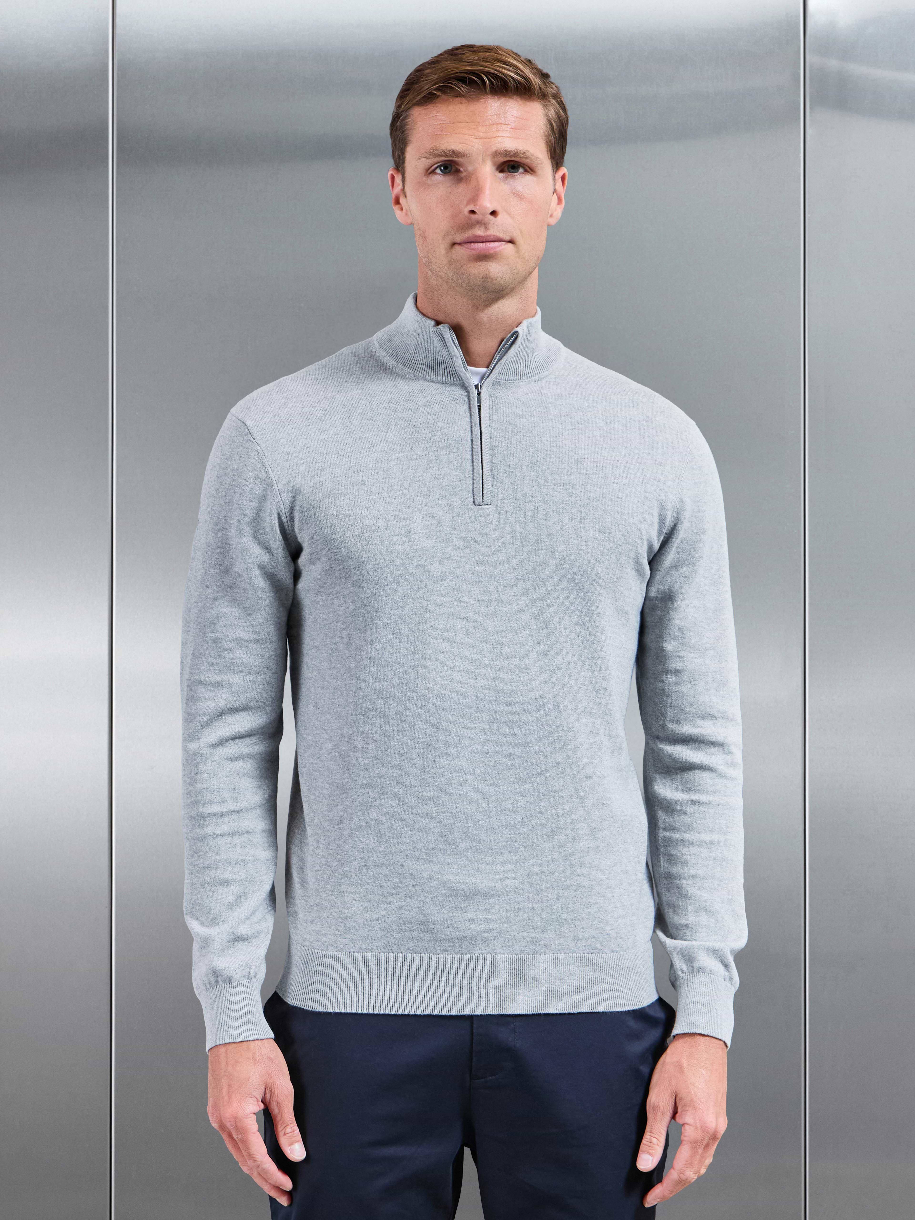 Cotton Knitted Half Zip Jumper in Marl Grey