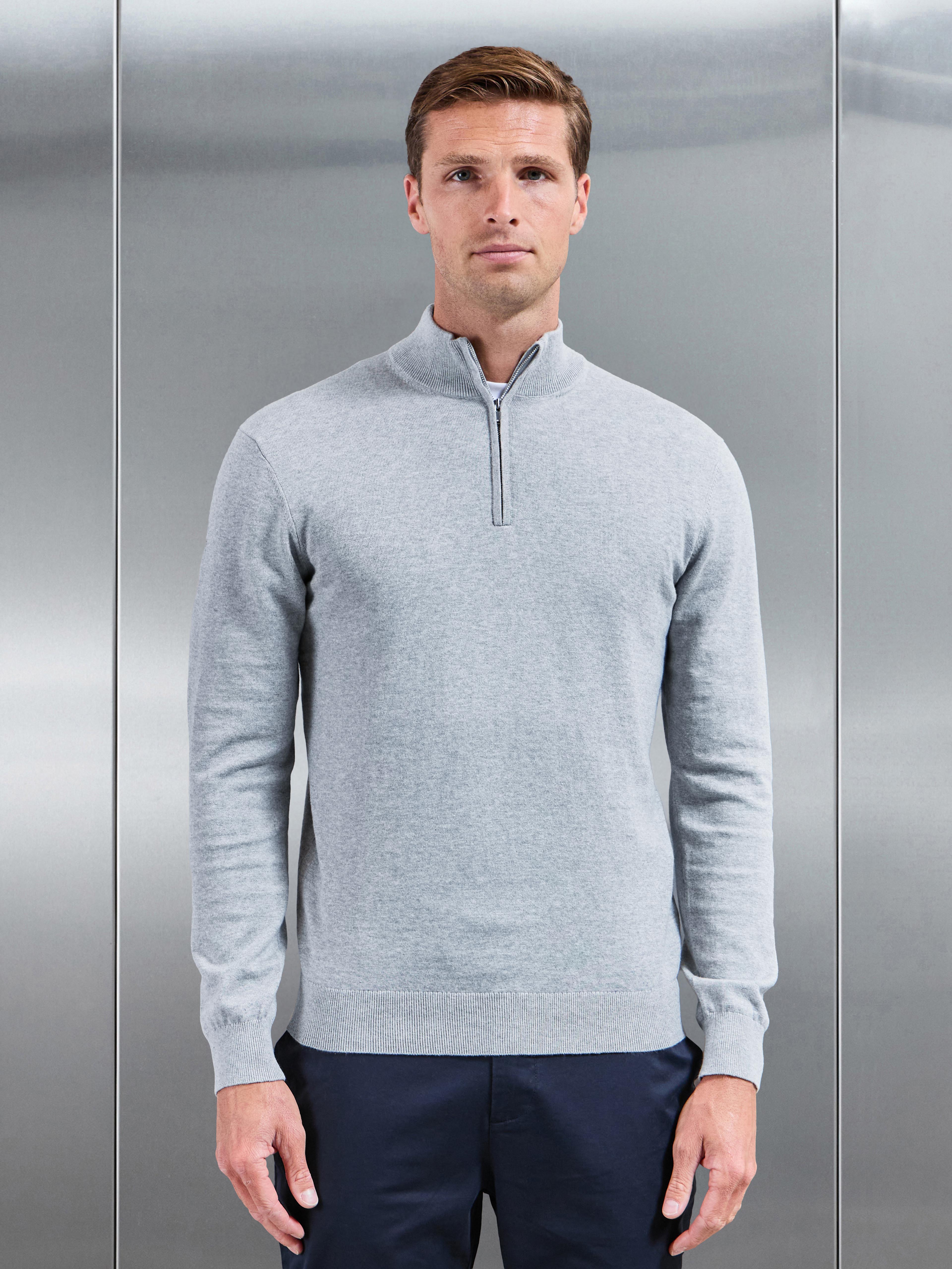 Cotton Knitted Half Zip Jumper in Marl Grey