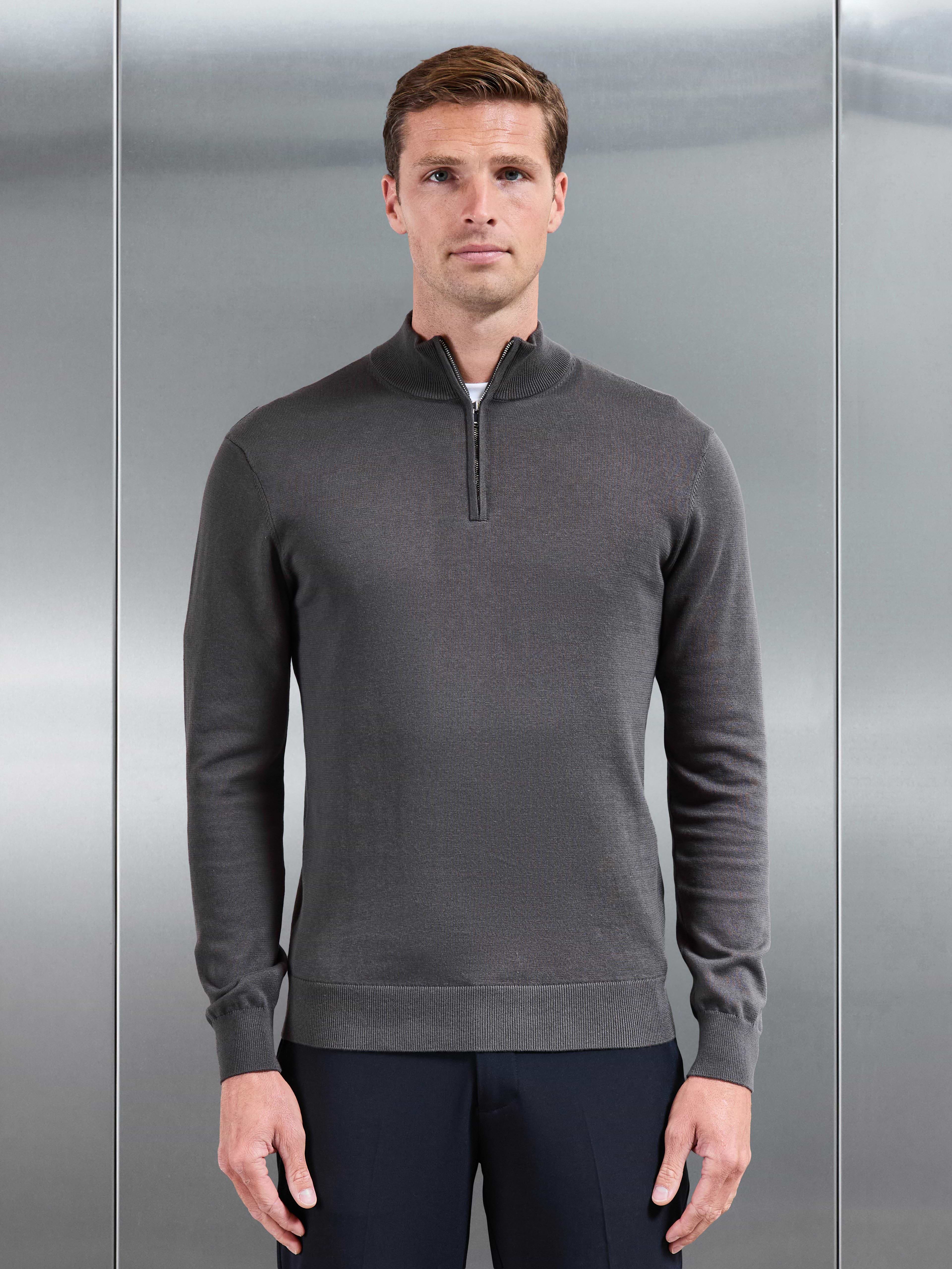 Cotton Knitted Half Zip Jumper in Grey