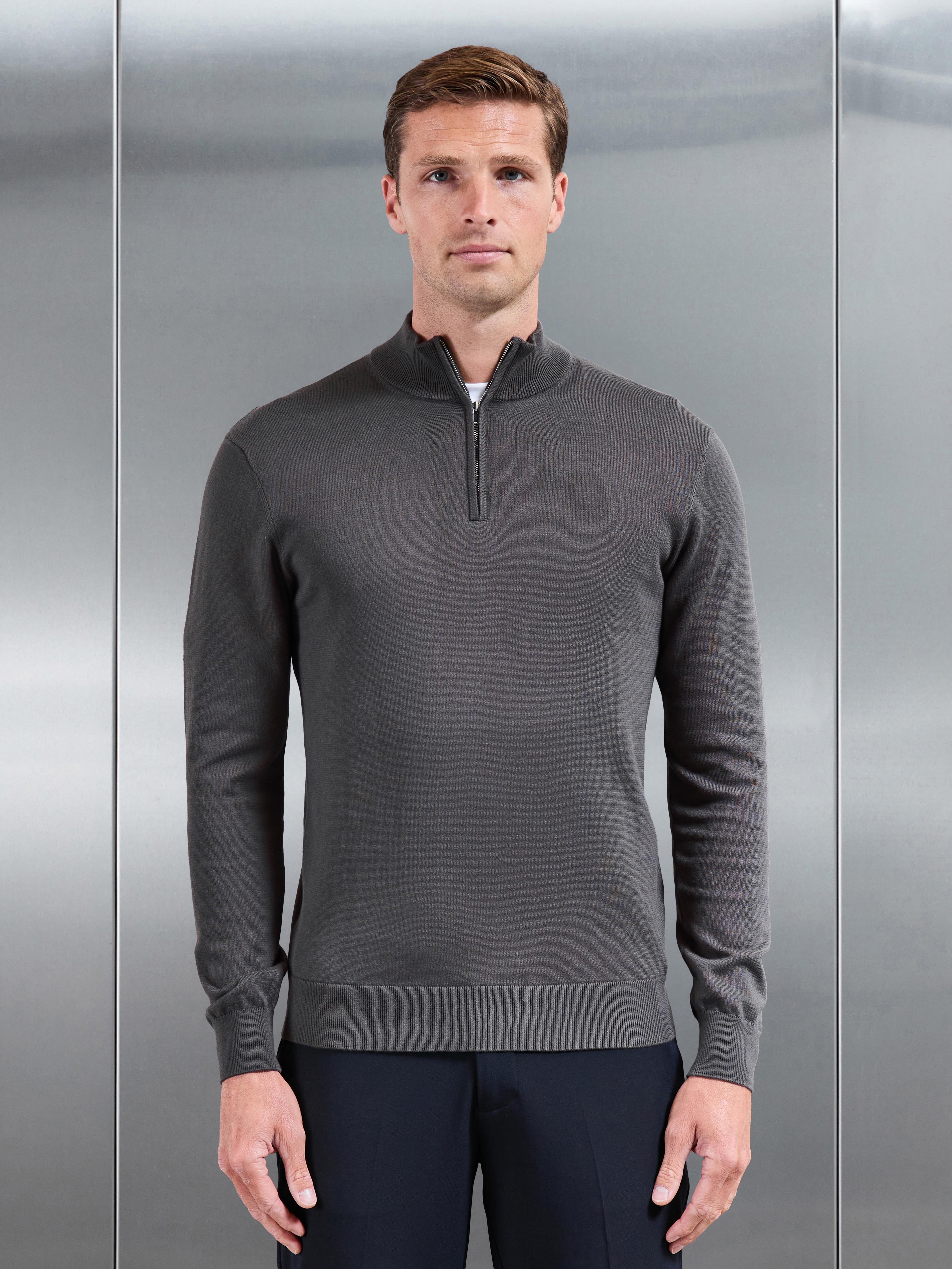 Cotton Knitted Half Zip Jumper in Grey