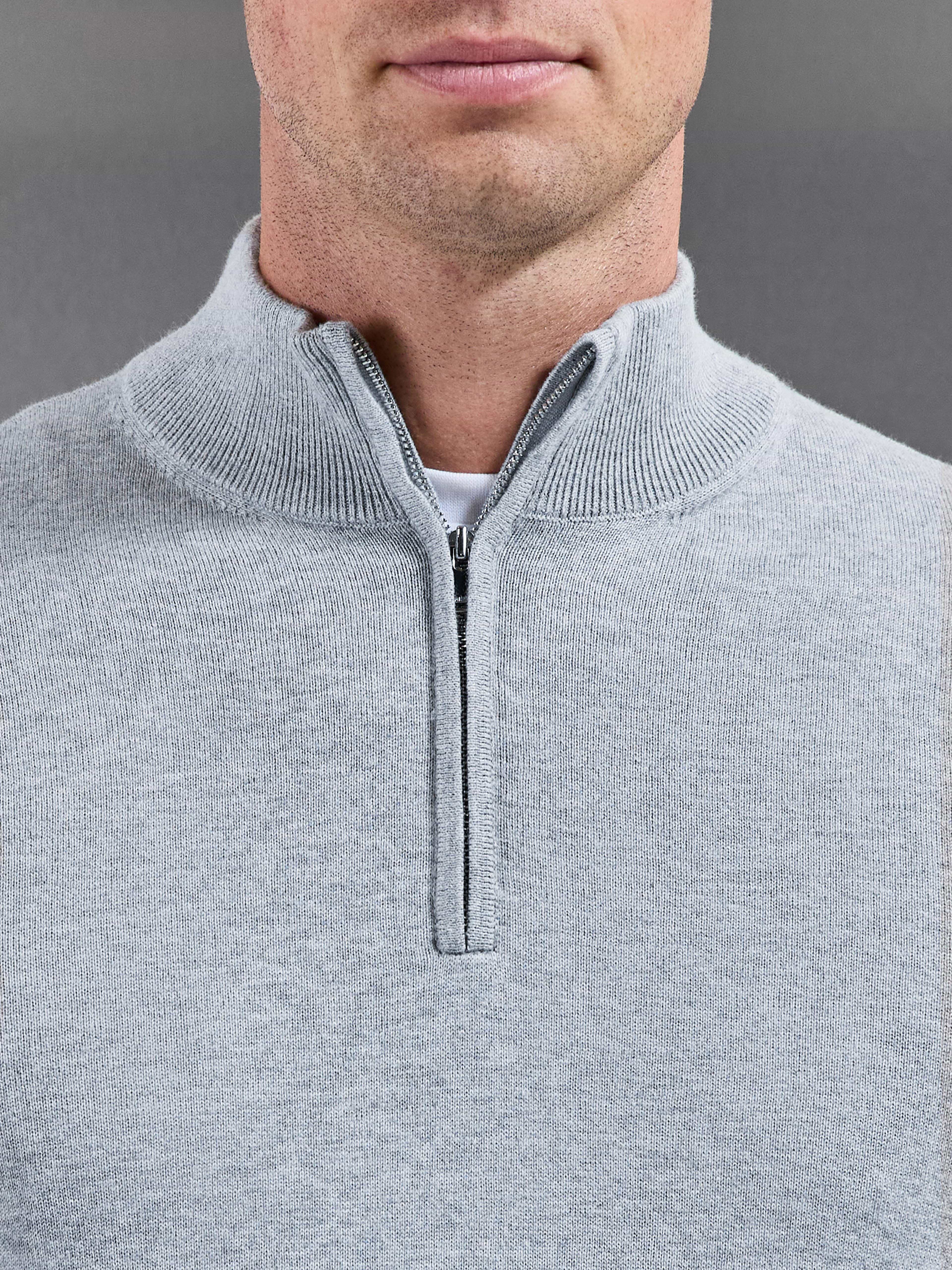 Cotton Knitted Half Zip Jumper in Marl Grey