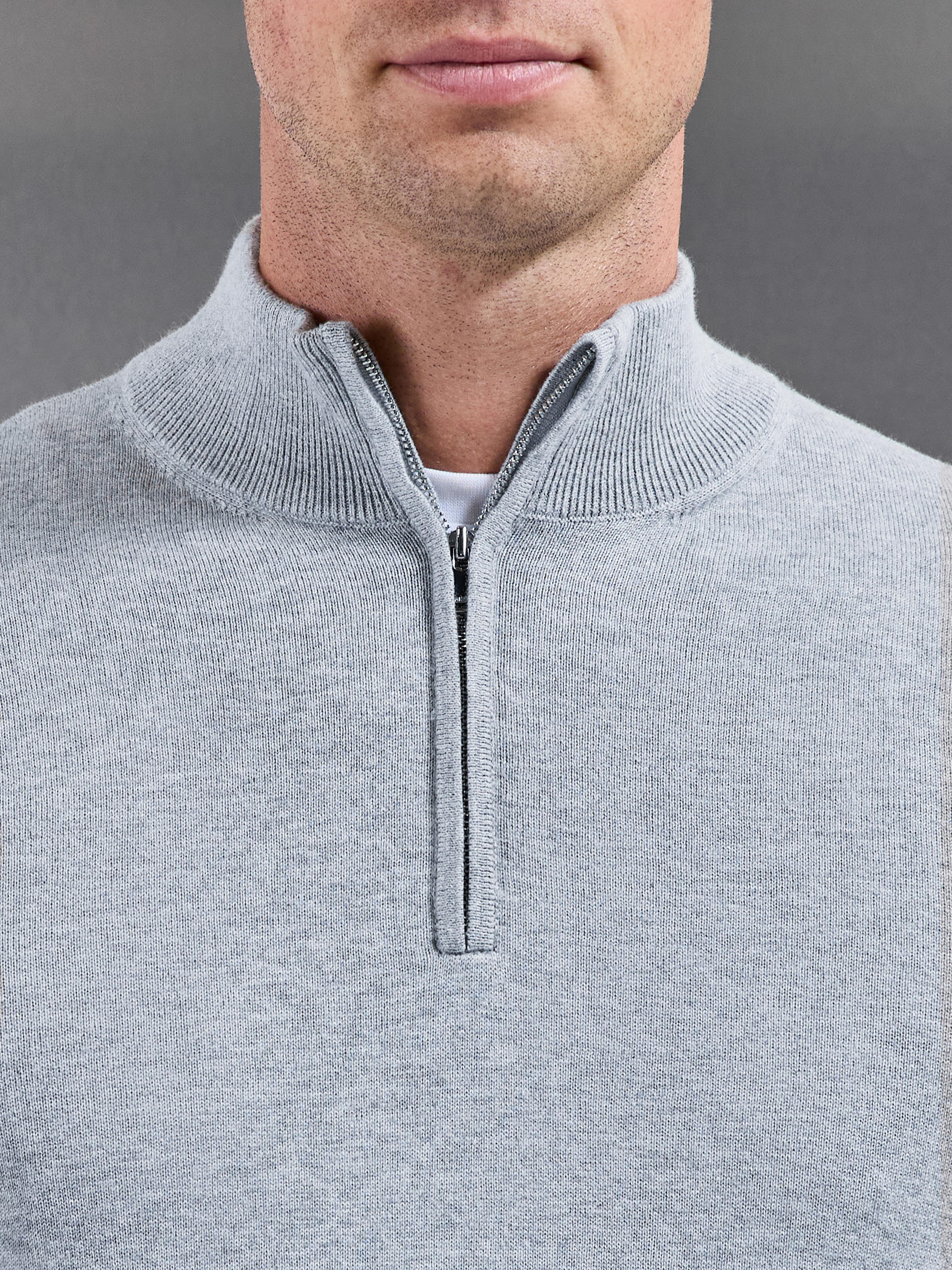 Cotton Knitted Half Zip Jumper in Marl Grey