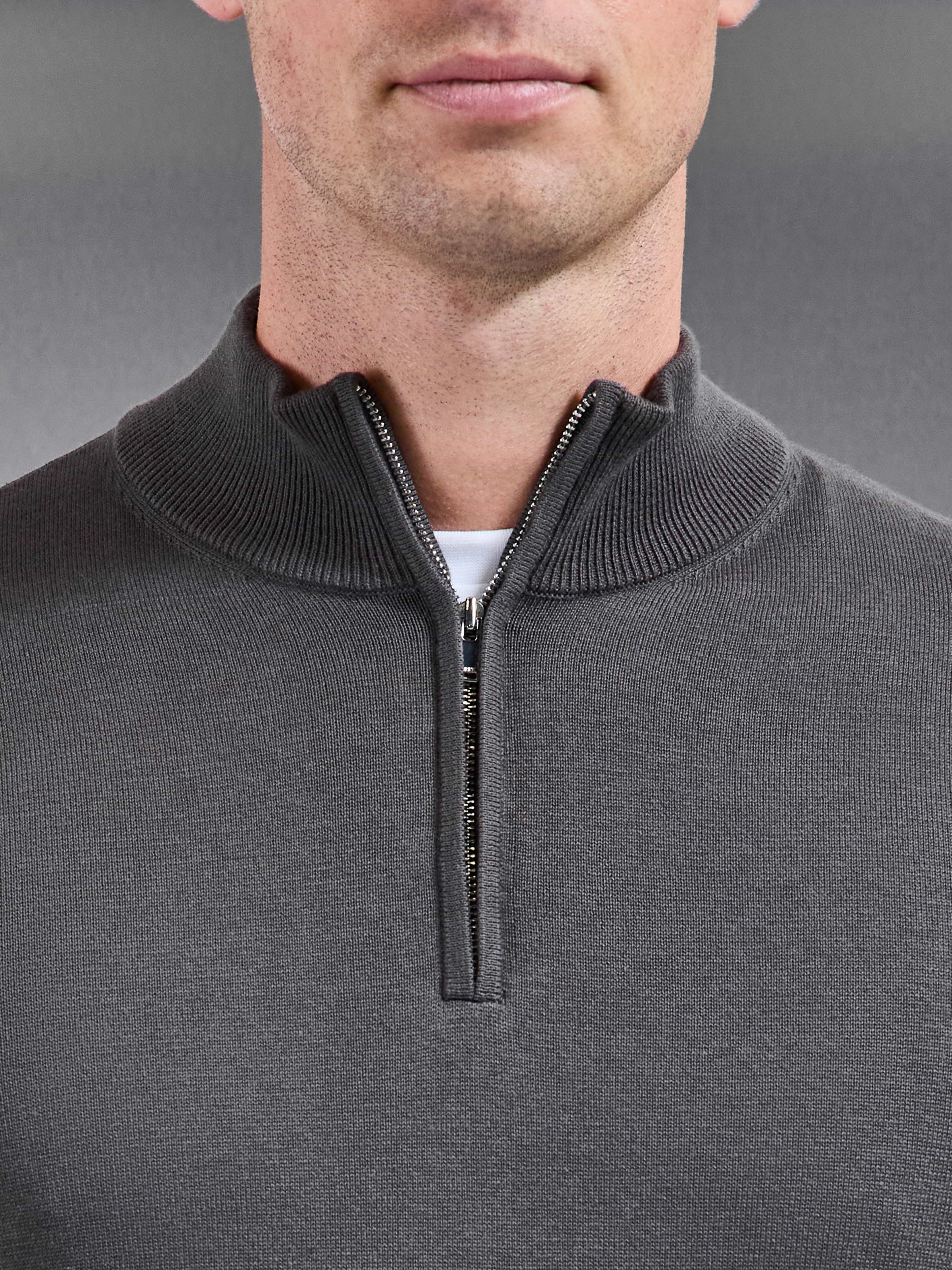 Cotton Knitted Half Zip Jumper in Grey