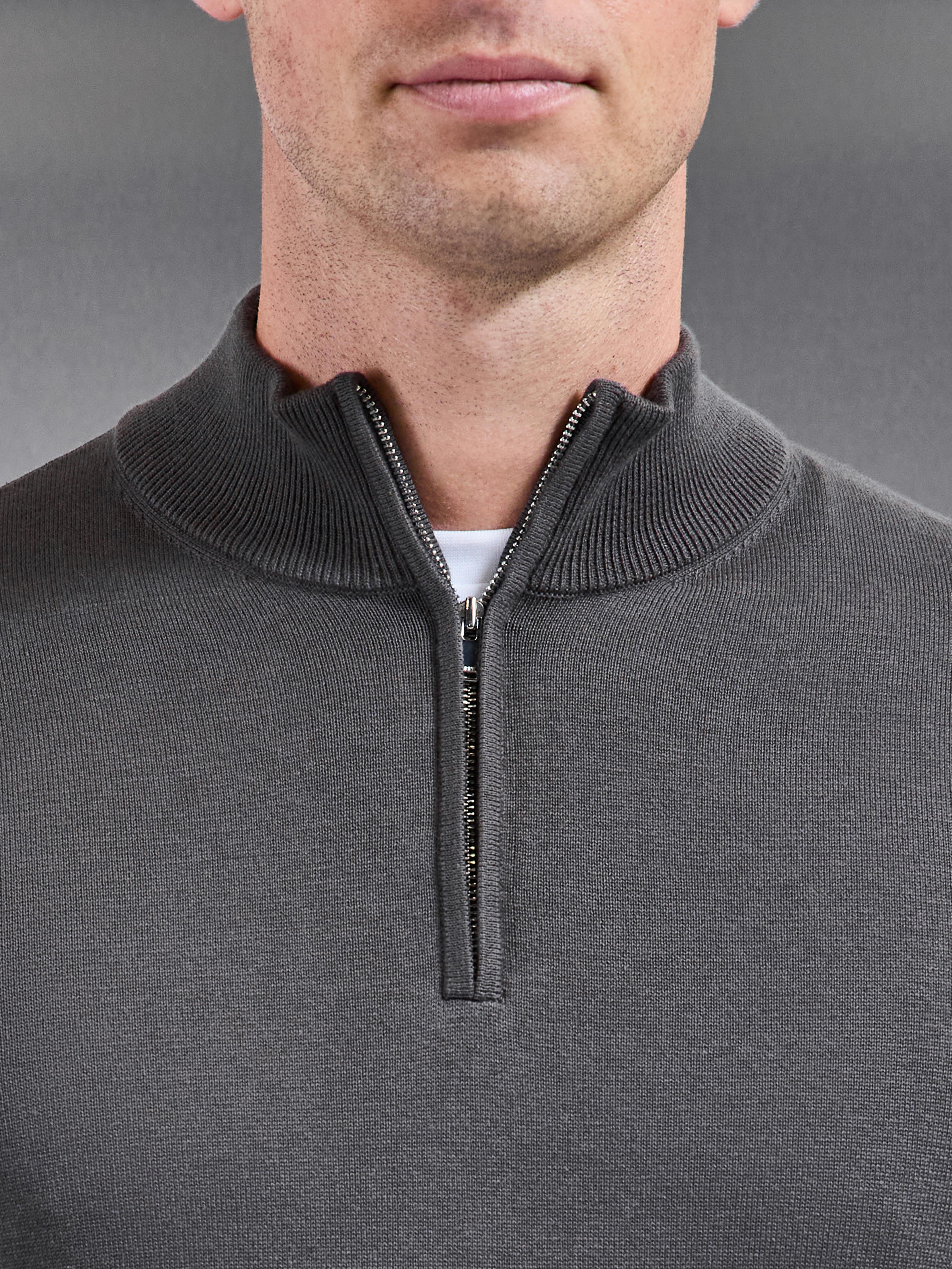 Cotton Knitted Half Zip Jumper in Grey