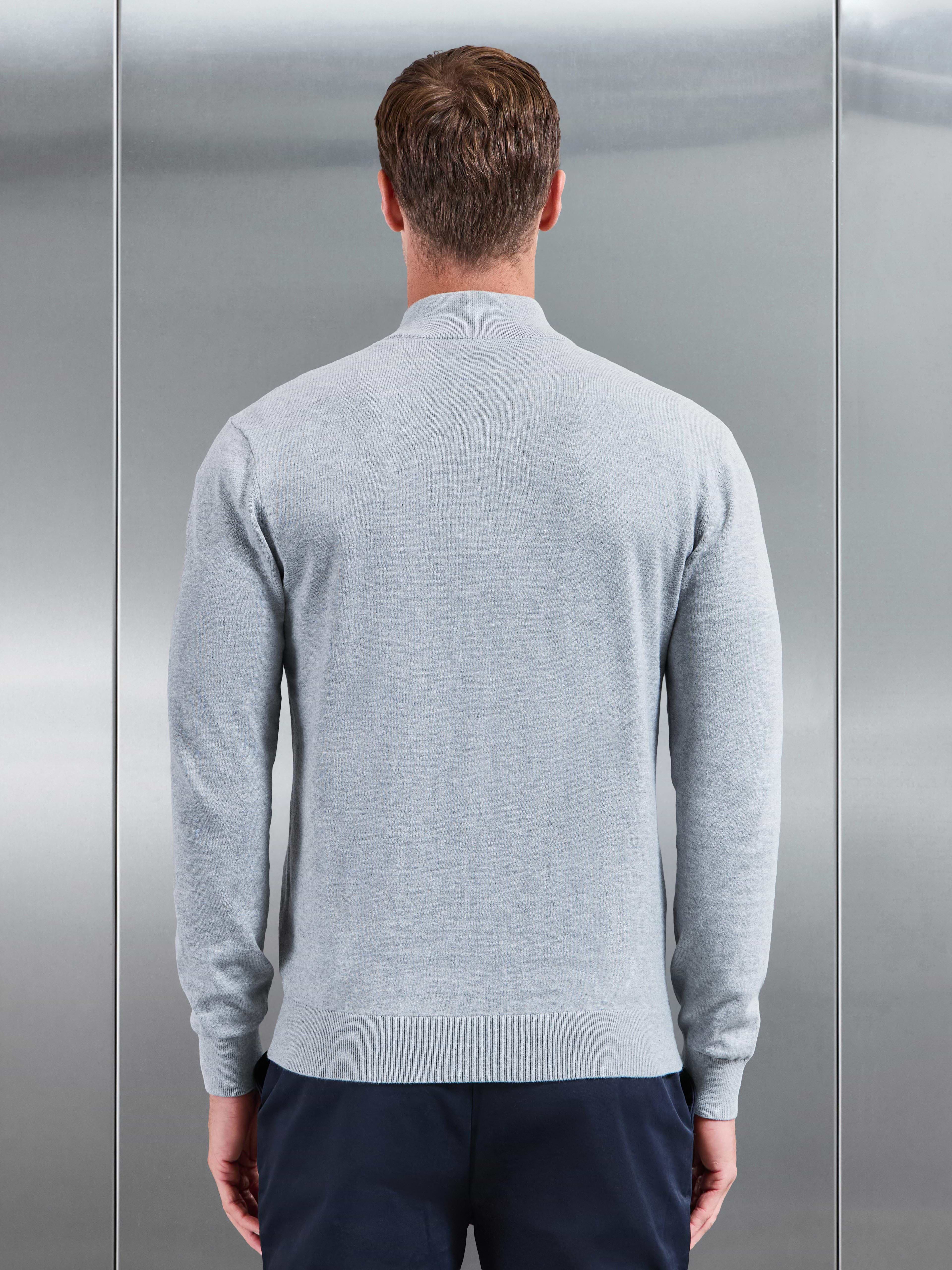 Cotton Knitted Half Zip Jumper in Marl Grey