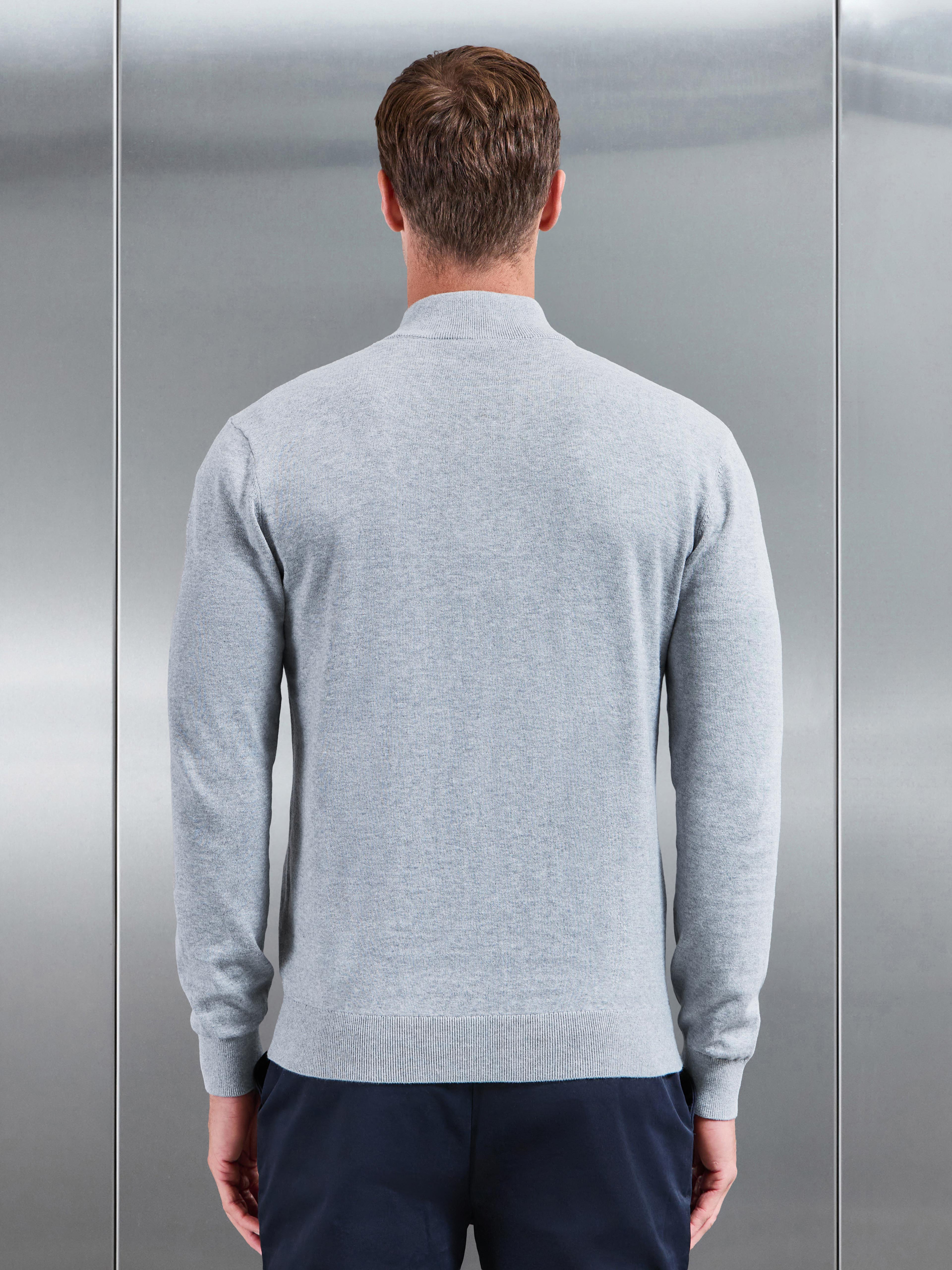 Cotton Knitted Half Zip Jumper in Marl Grey