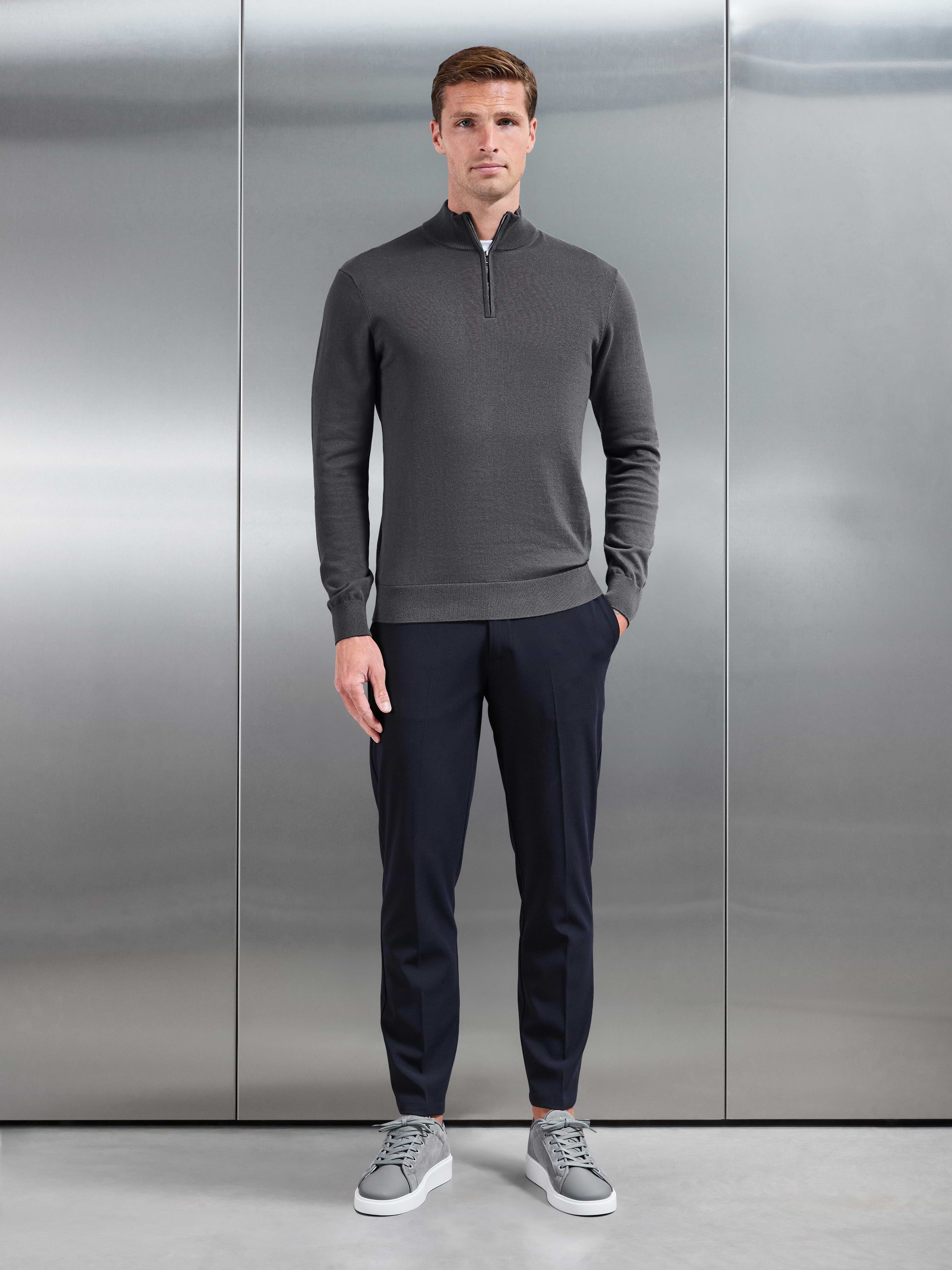 Cotton Knitted Half Zip Jumper in Grey